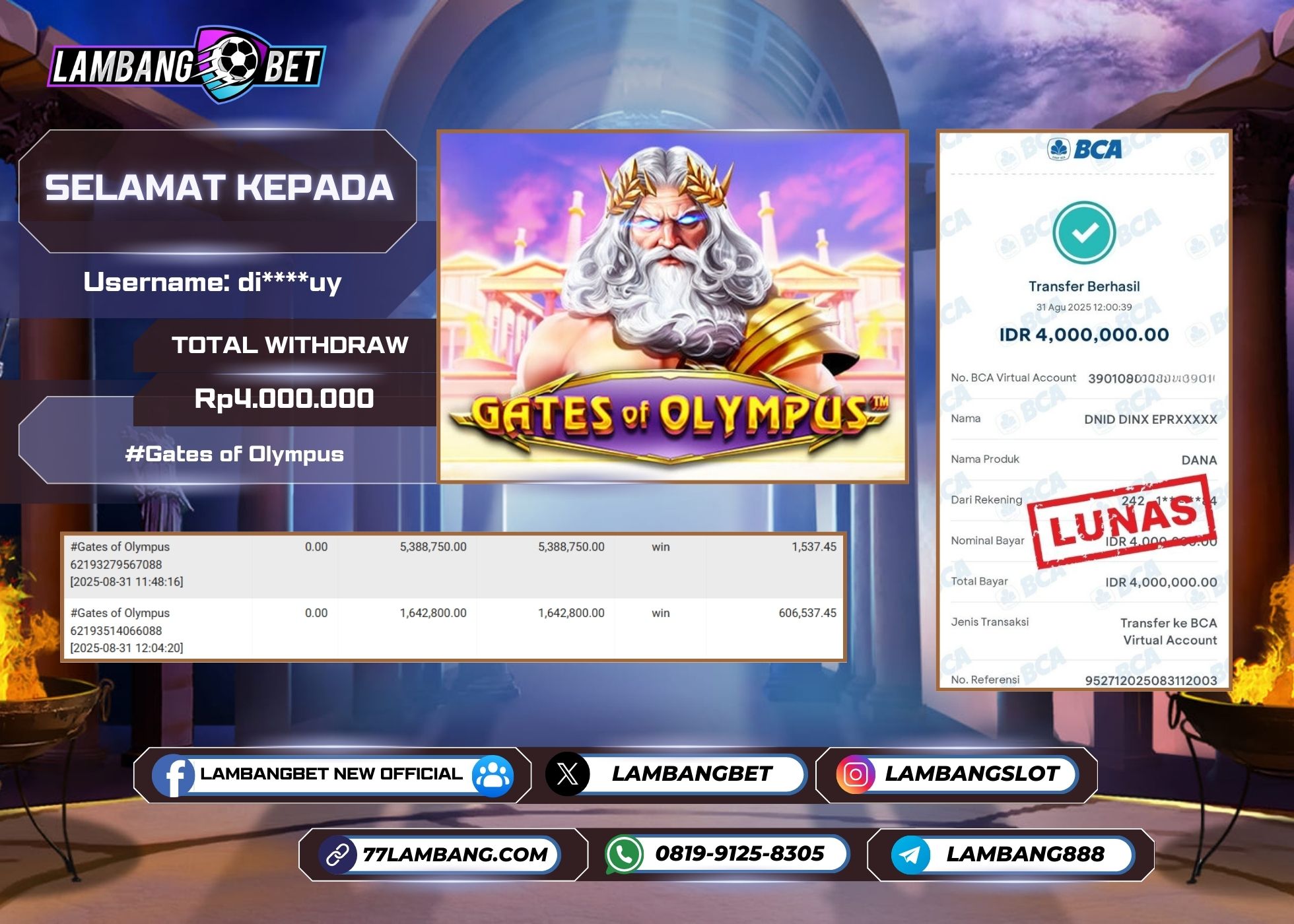 LAMBANGBET [31 AUGUST 2025] JACKPOT SLOT Gates of Olympus "Rp4.000.000" LUNAS
