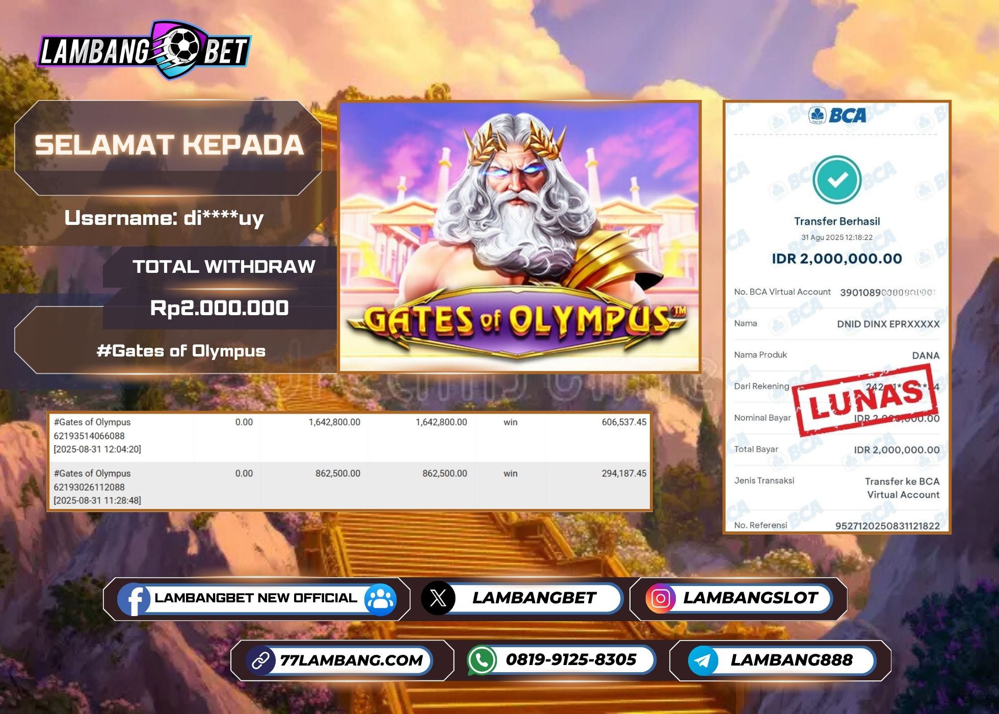 LAMBANGBET [31 AUGUST 2025] JACKPOT SLOT Gates of Olympus "Rp2.000.000" LUNAS [2]
