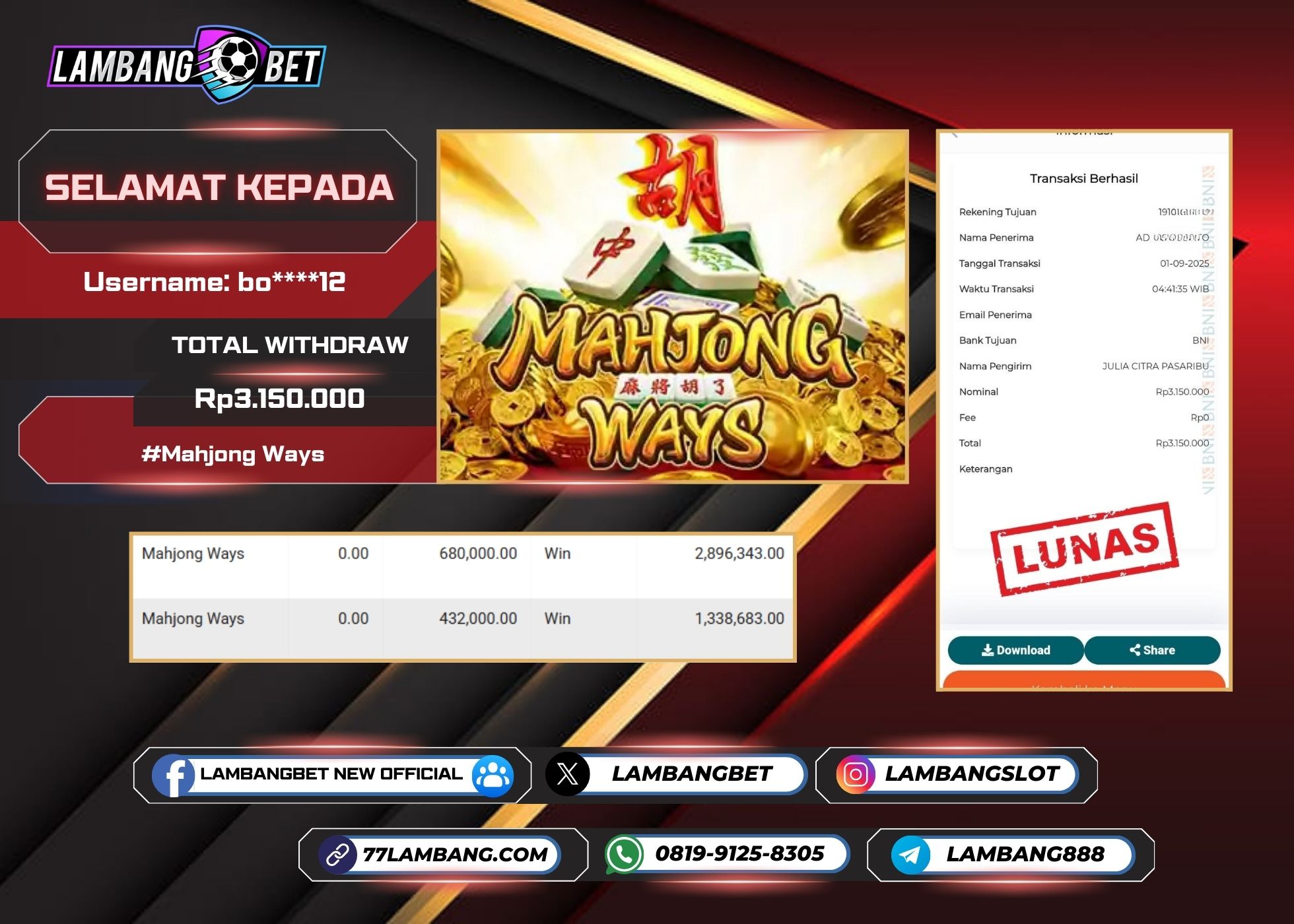 LAMBANGBET [1 SEPTEMBER 2025] JACKPOT SLOT Mahjong Ways "Rp3.150.000" LUNAS