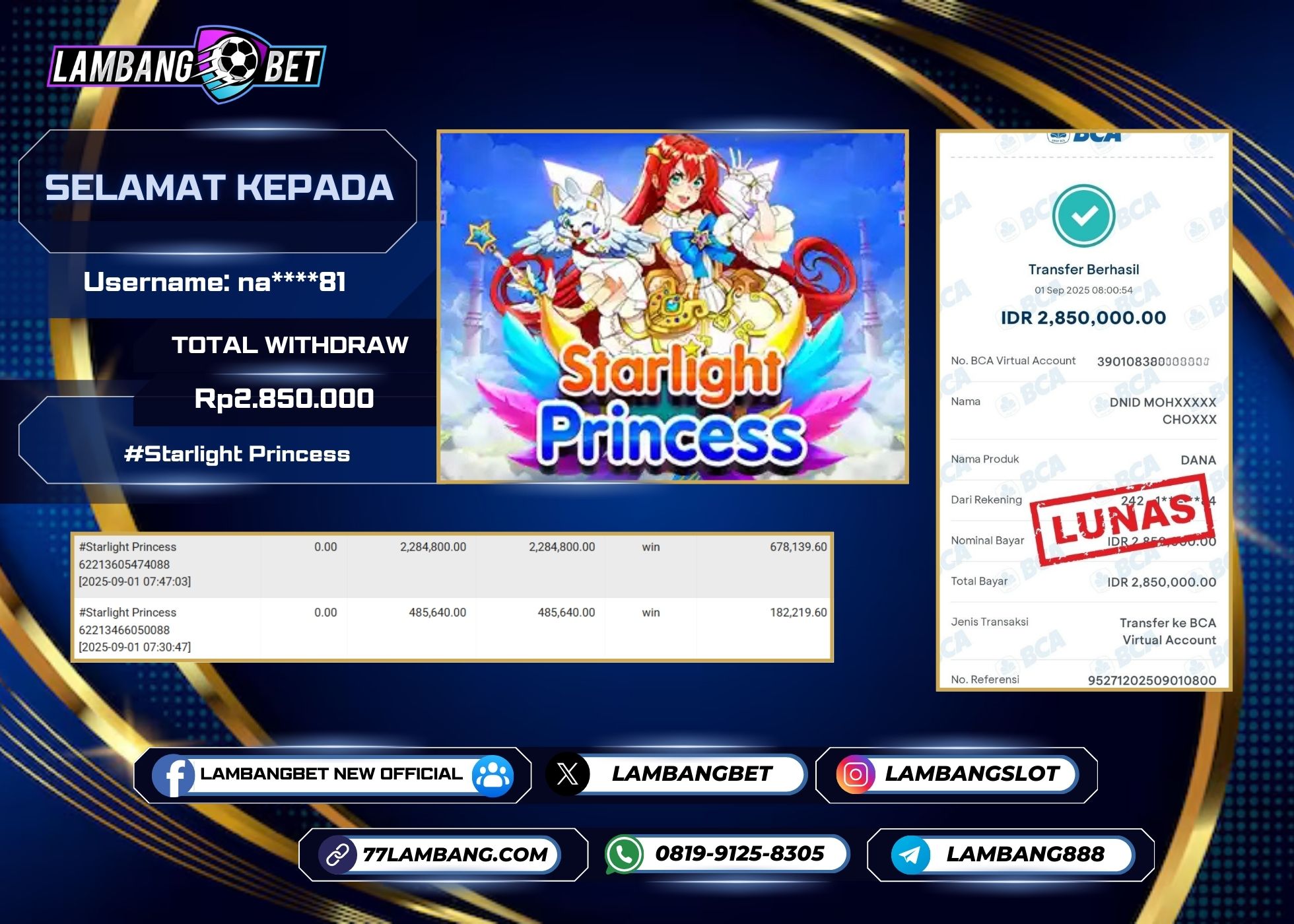LAMBANGBET [1 SEPTEMBER 2025] JACKPOT SLOT Starlight Princess "Rp2.850.000" LUNAS