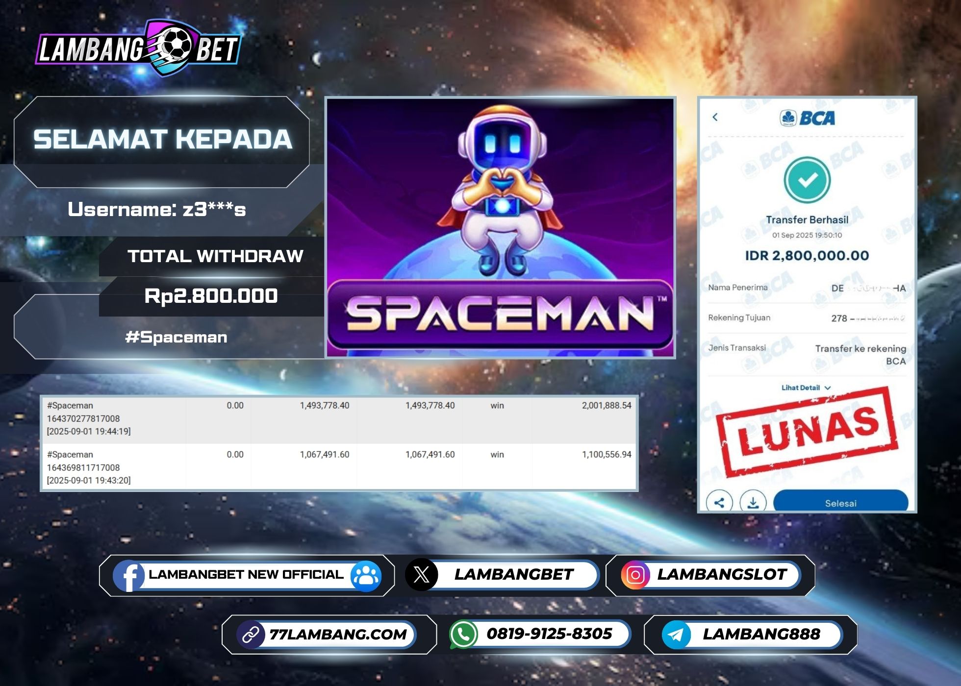 LAMBANGBET [1 SEPTEMBER 2025] JACKPOT SLOT Spaceman "Rp2.800.000" LUNAS
