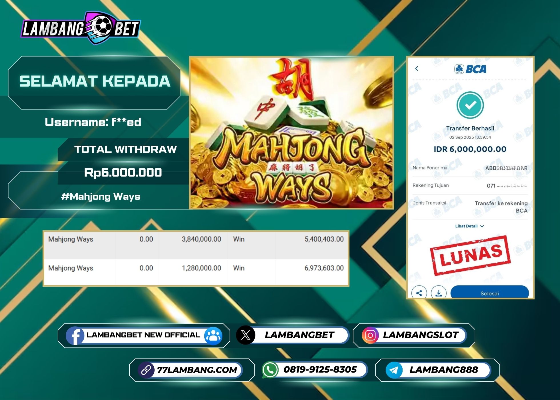 LAMBANGBET [2 SEPTEMBER 2025] JACKPOT SLOT Mahjong Ways "Rp6.000.000" LUNAS