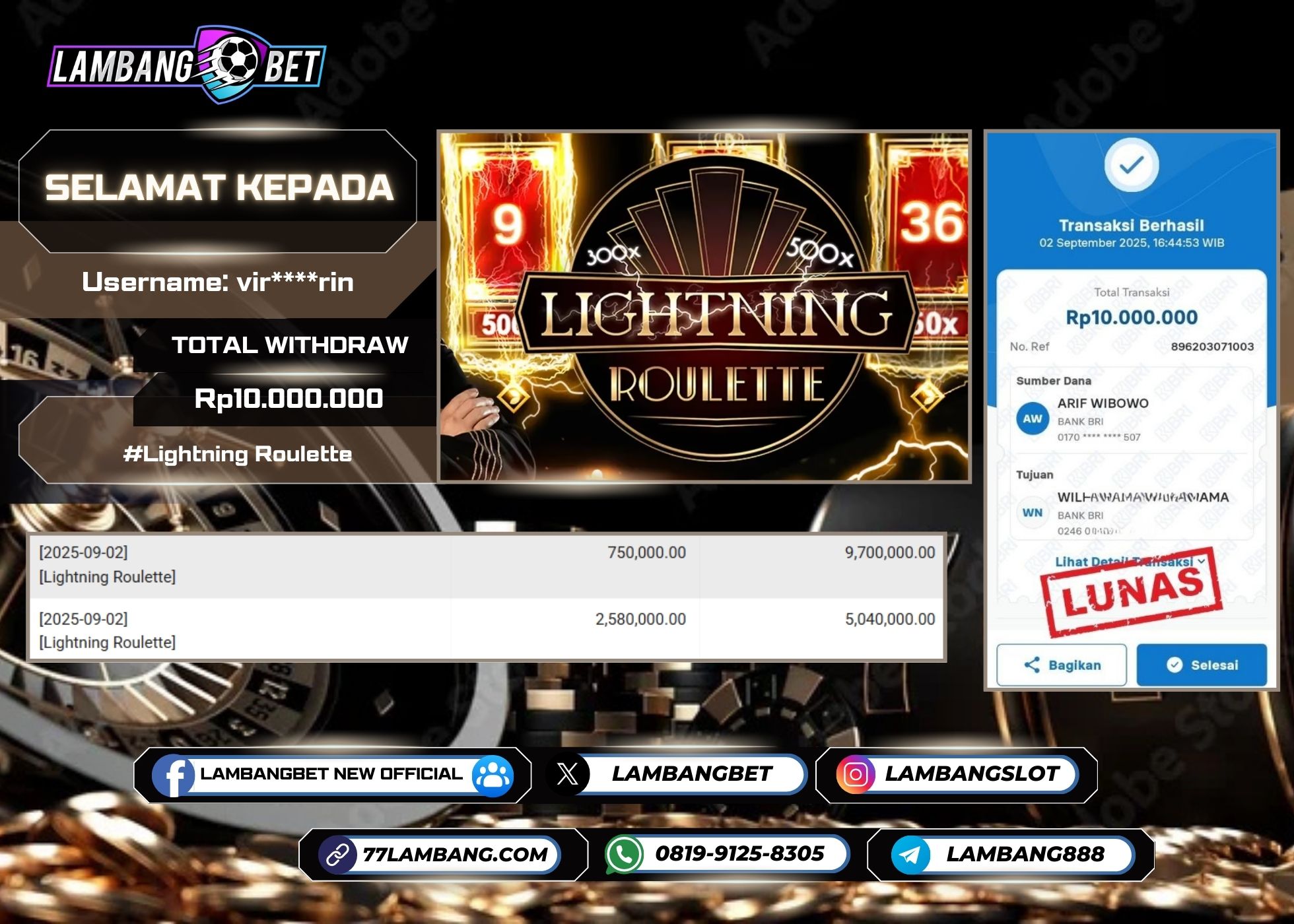 LAMBANGBET [2 SEPTEMBER 2025] JACKPOT LIVE CASINO Lightning Roulette "Rp10.000.000" LUNAS