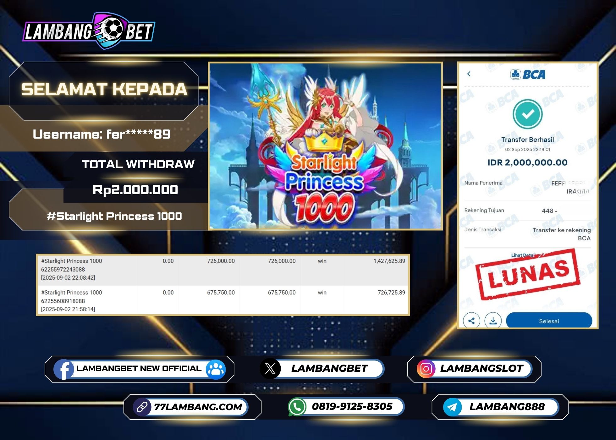 LAMBANGBET [2 SEPTEMBER 2025] JACKPOT SLOT Starlight Princess 1000 "Rp2.000.000" LUNAS