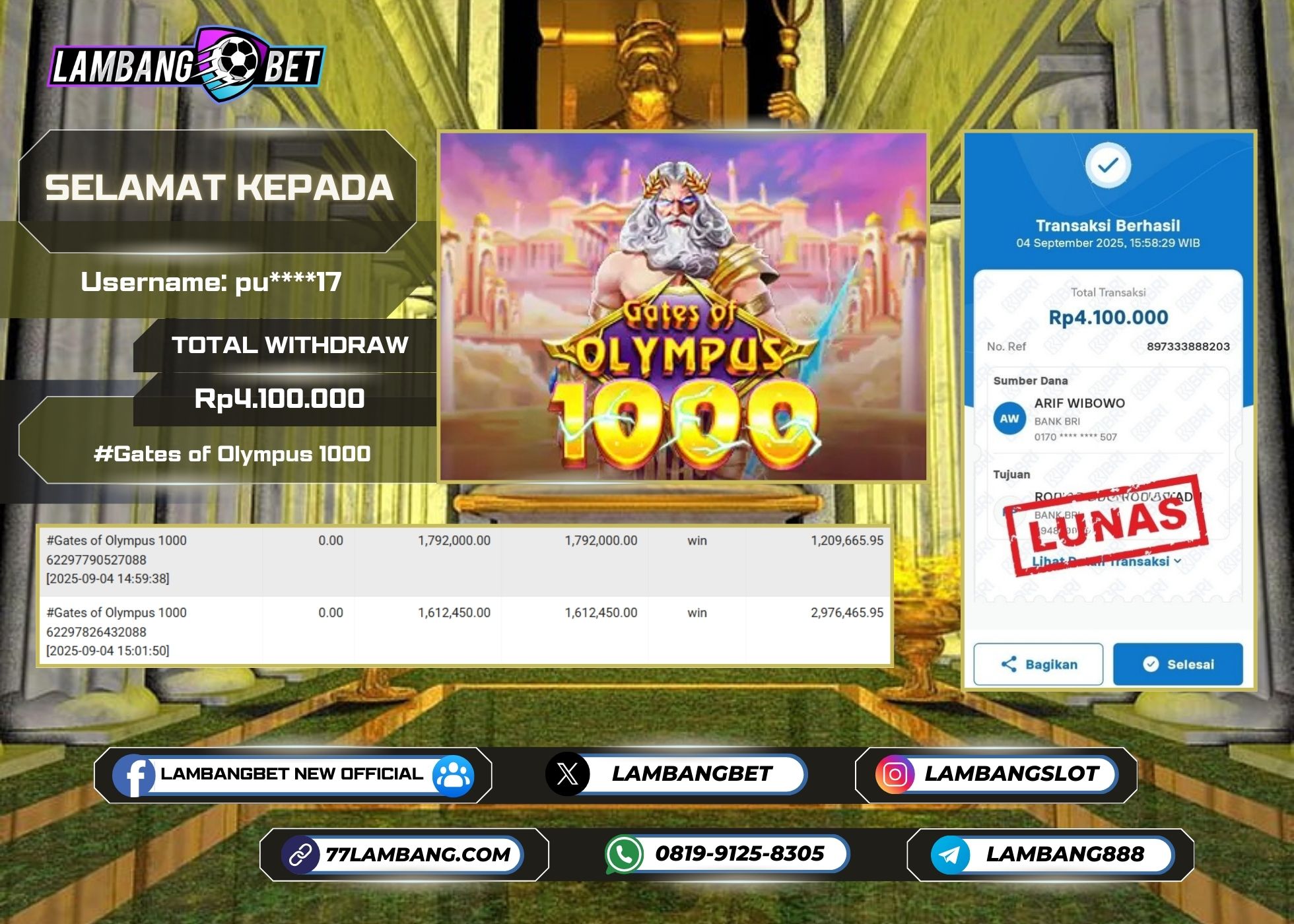 LAMBANGBET [4 SEPTEMBER 2025] JACKPOT SLOT Gates of Olympus 1000 "Rp4.100.000" LUNAS