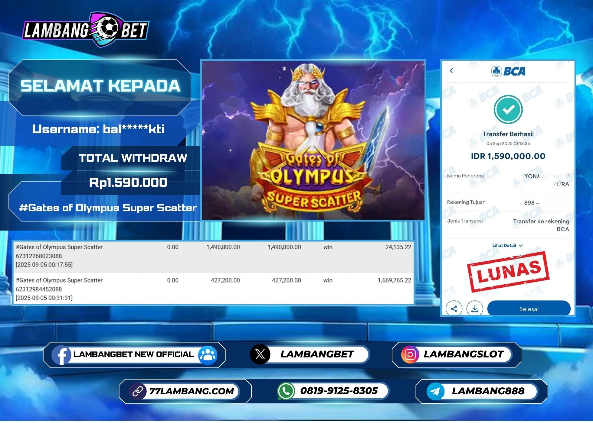 LAMBANGBET [5 SEPTEMBER 2025] JACKPOT SLOT Gates of Olympus Super Scatter "Rp1.590.000" LUNAS