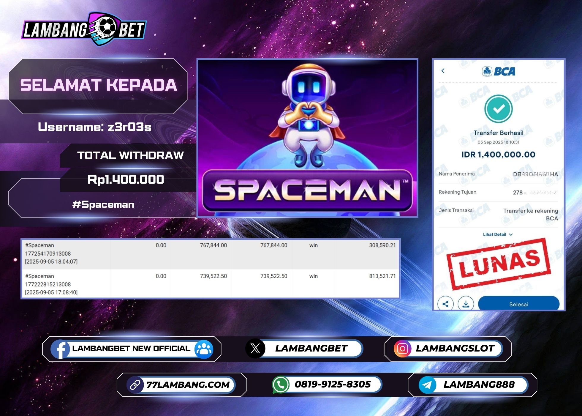 LAMBANGBET [5 SEPTEMBER 2025] JACKPOT SLOT Spaceman "Rp1.400.000" LUNAS