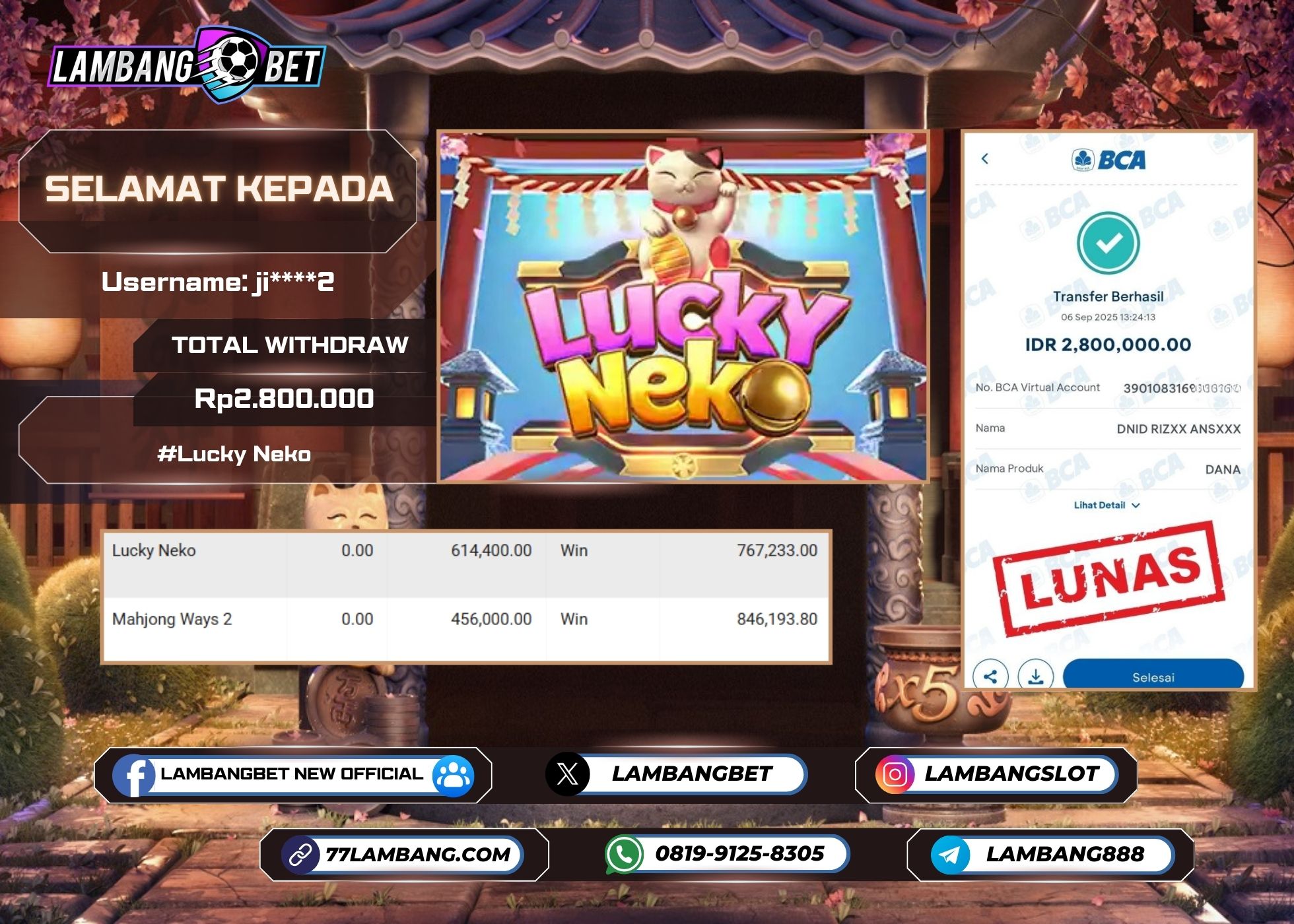 LAMBANGBET [6 SEPTEMBER 2025] JACKPOT SLOT Lucky Neko "Rp2.800.000" LUNAS
