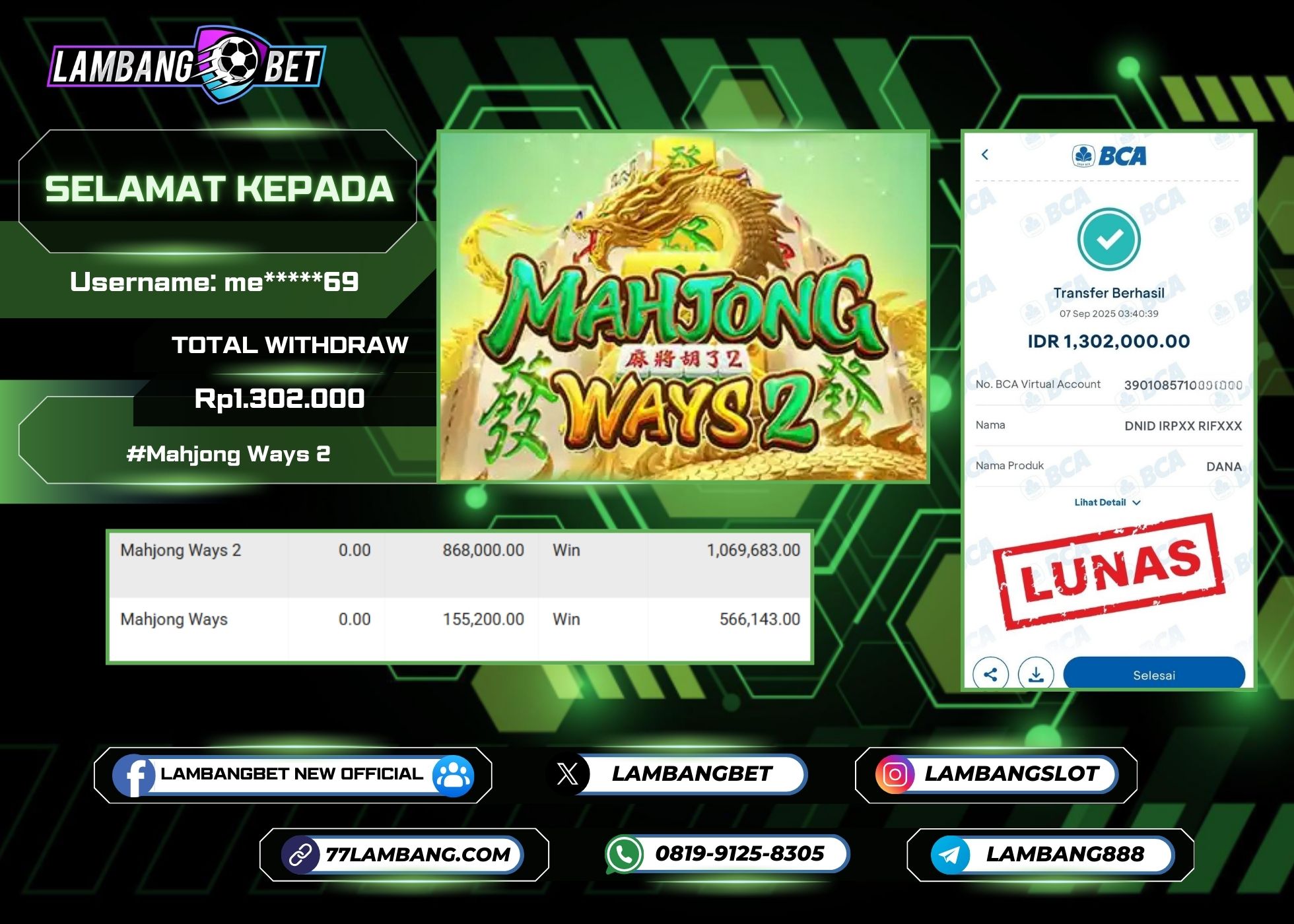 LAMBANGBET [7 SEPTEMBER 2025] JACKPOT SLOT Mahjong Ways 2 "Rp1.302.000" LUNAS