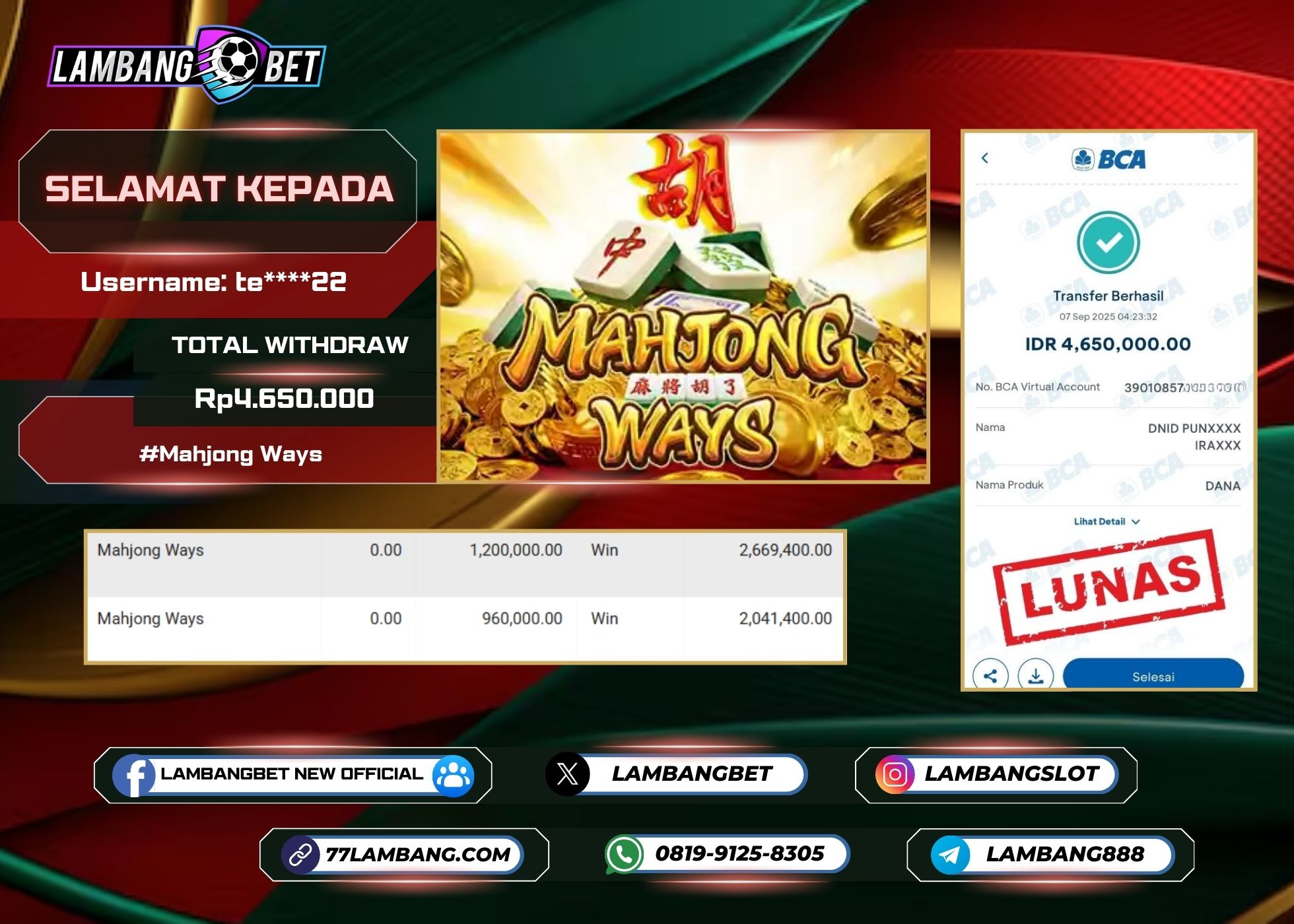 LAMBANGBET [7 SEPTEMBER 2025] JACKPOT SLOT Mahjong Ways "Rp4.650.000" LUNAS