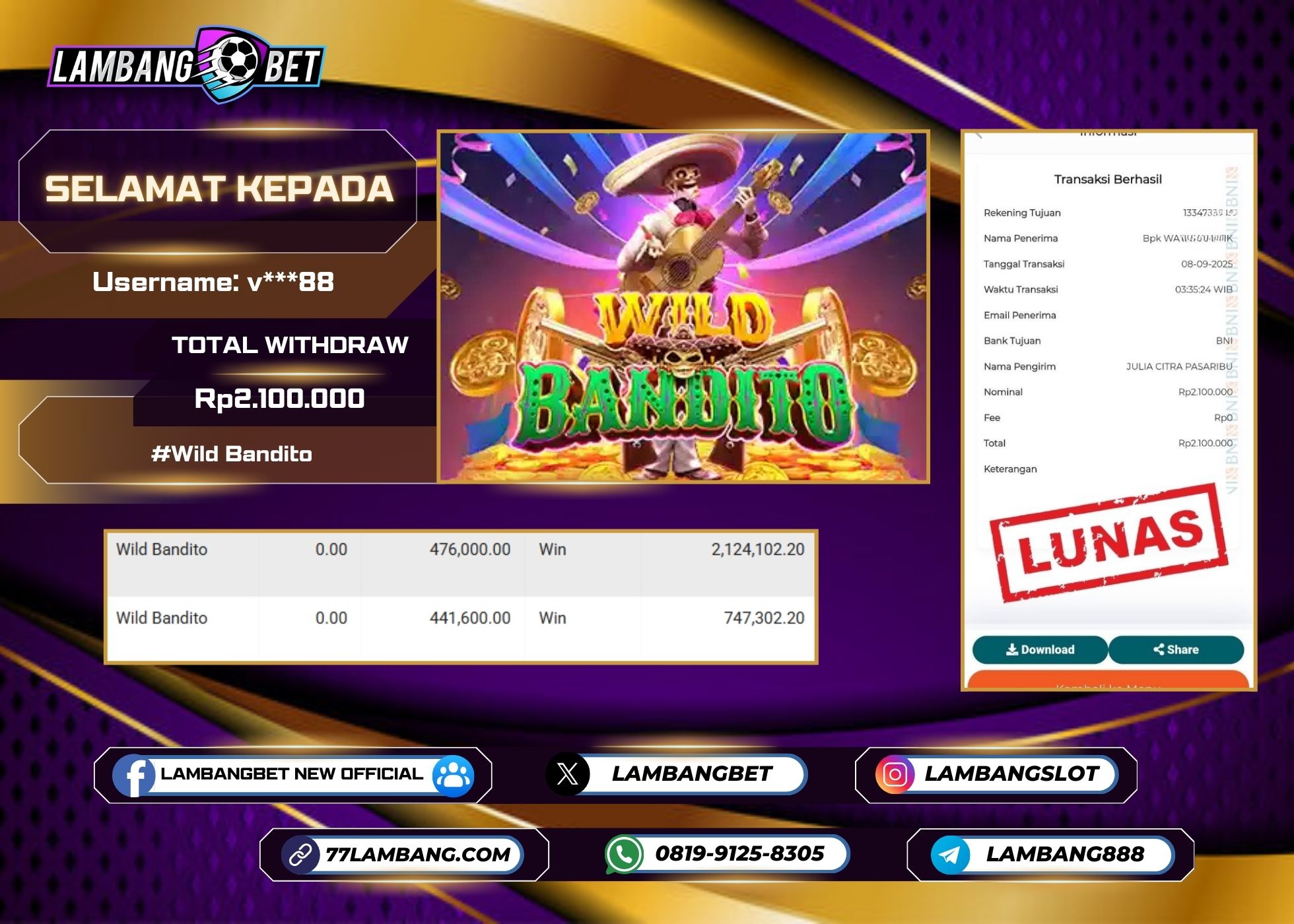 LAMBANGBET [8 SEPTEMBER 2025] JACKPOT SLOT Wild Bandito "Rp2.100.000" LUNAS