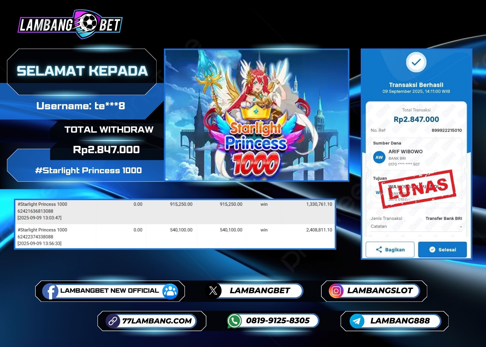 LAMBANGBET [9 SEPTEMBER 2025] JACKPOT SLOT Starlight Princess 1000 "Rp2.847.000" LUNAS