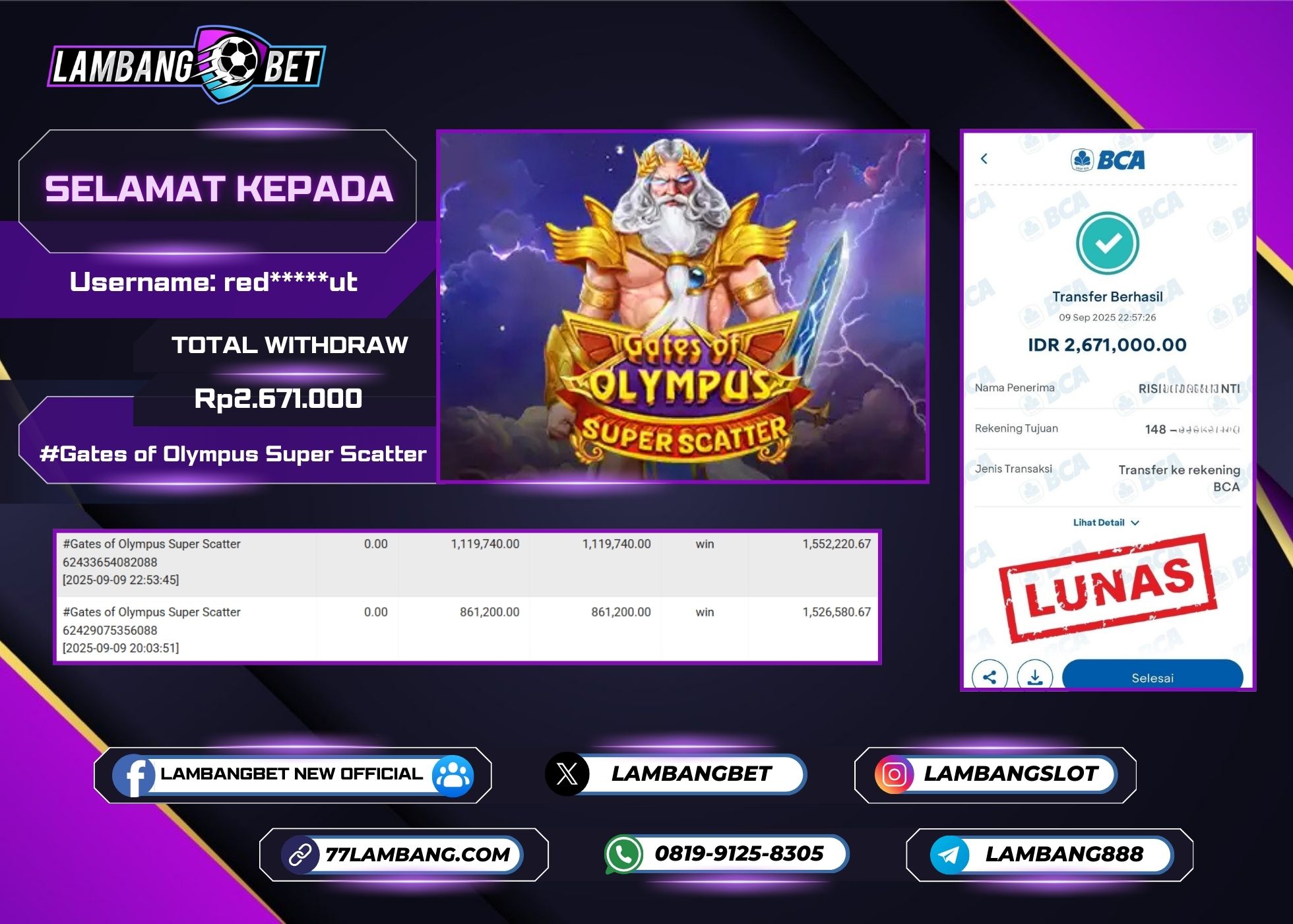 LAMBANGBET [9 SEPTEMBER 2025] JACKPOT SLOT Gates of Olympus Super Scatter "Rp2.671.000" LUNAS