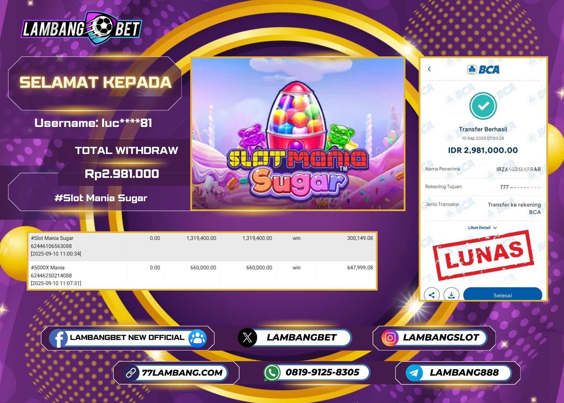 LAMBANGBET [10 SEPTEMBER 2025] JACKPOT SLOT Gemstones Gold "Rp2.981.000" LUNAS