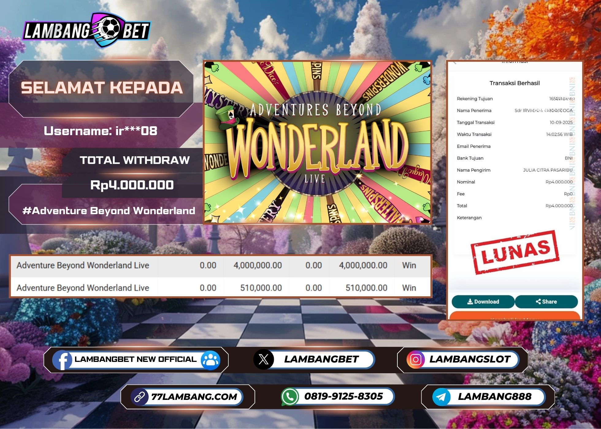 LAMBANGBET [10 SEPTEMBER 2025] JACKPOT LIVE CASINO Adventure Beyond Wonderland "Rp4.000.000" LUNAS