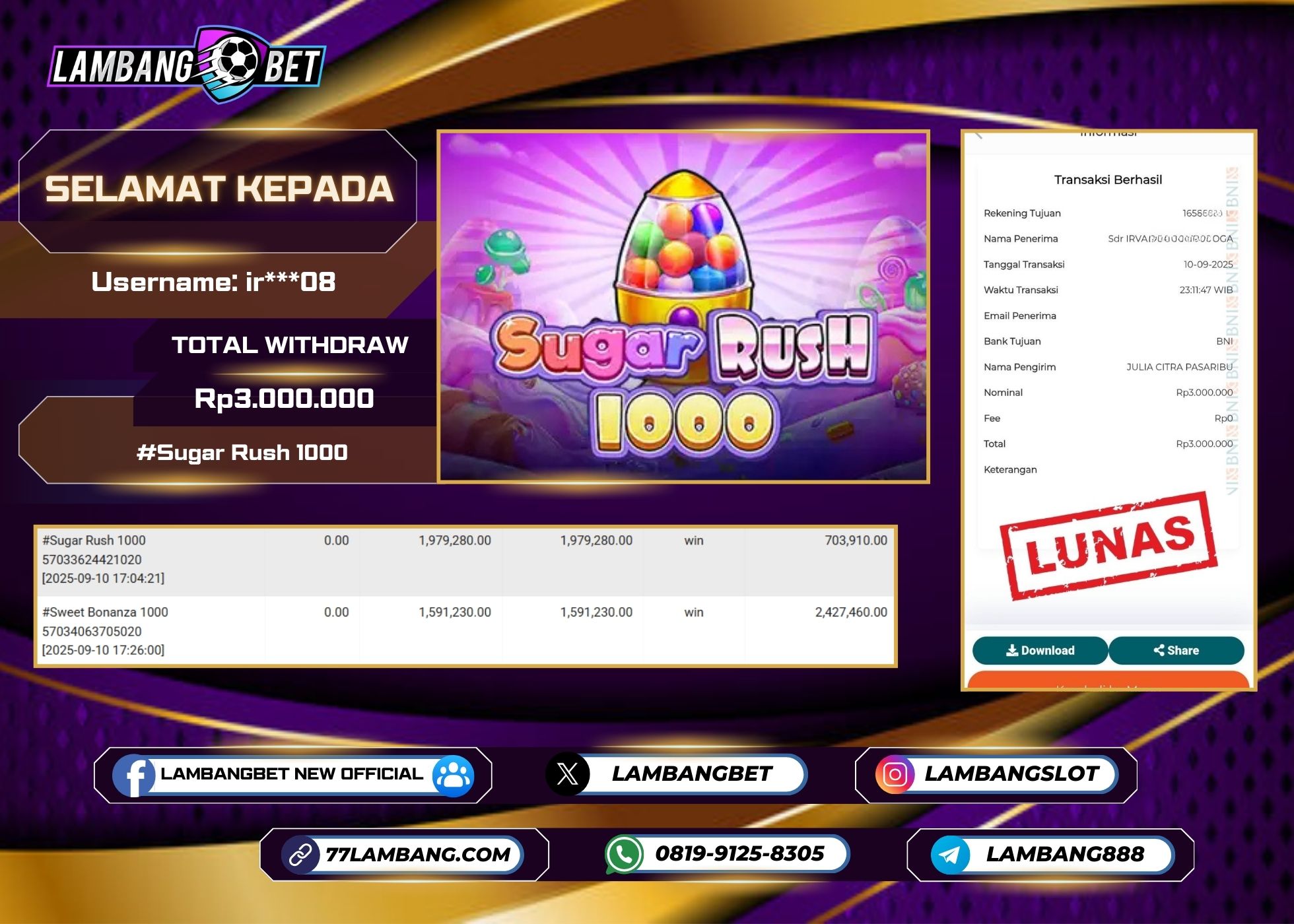 LAMBANGBET [10 SEPTEMBER 2025] JACKPOT SLOT Sugar Rush 1000 "Rp3.000.000" LUNAS