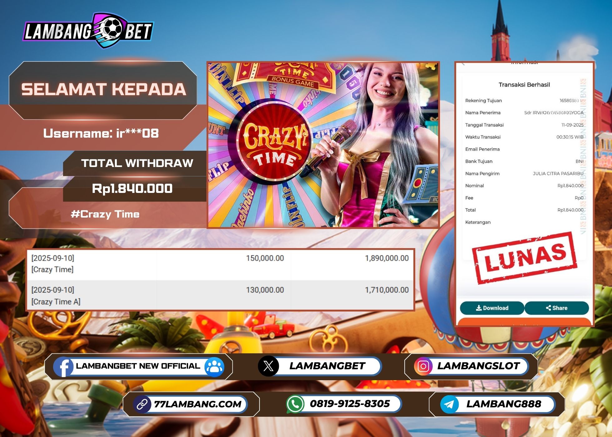LAMBANGBET [11 SEPTEMBER 2025] JACKPOT LIVE CASINO Crazy Time "Rp1.840.000" LUNAS