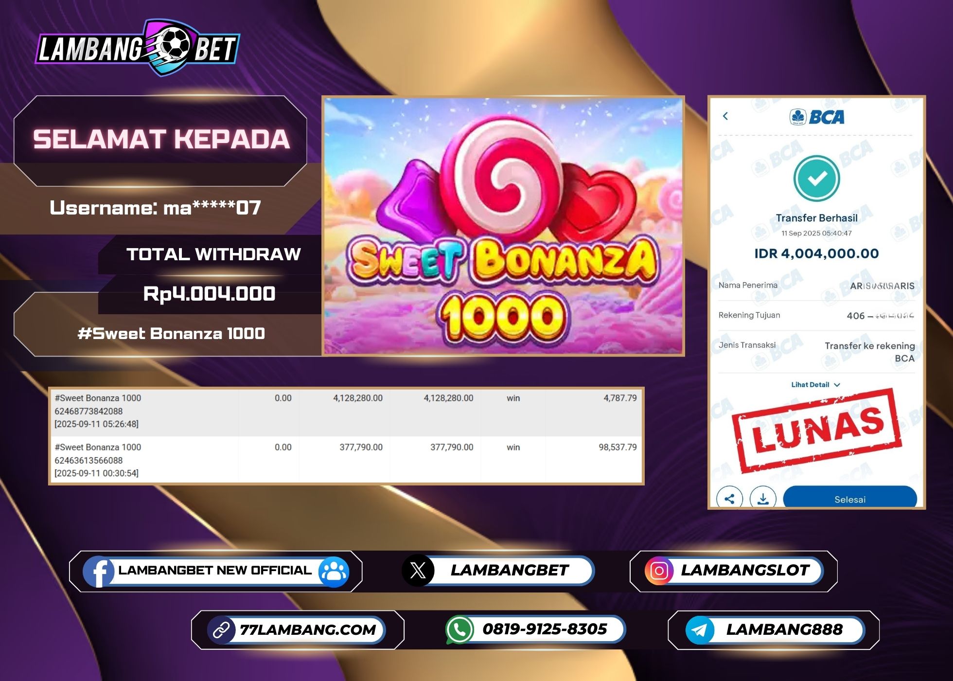 LAMBANGBET [11 SEPTEMBER 2025] JACKPOT SLOT Sweet Bonanza 1000 "Rp4.004.000" LUNAS