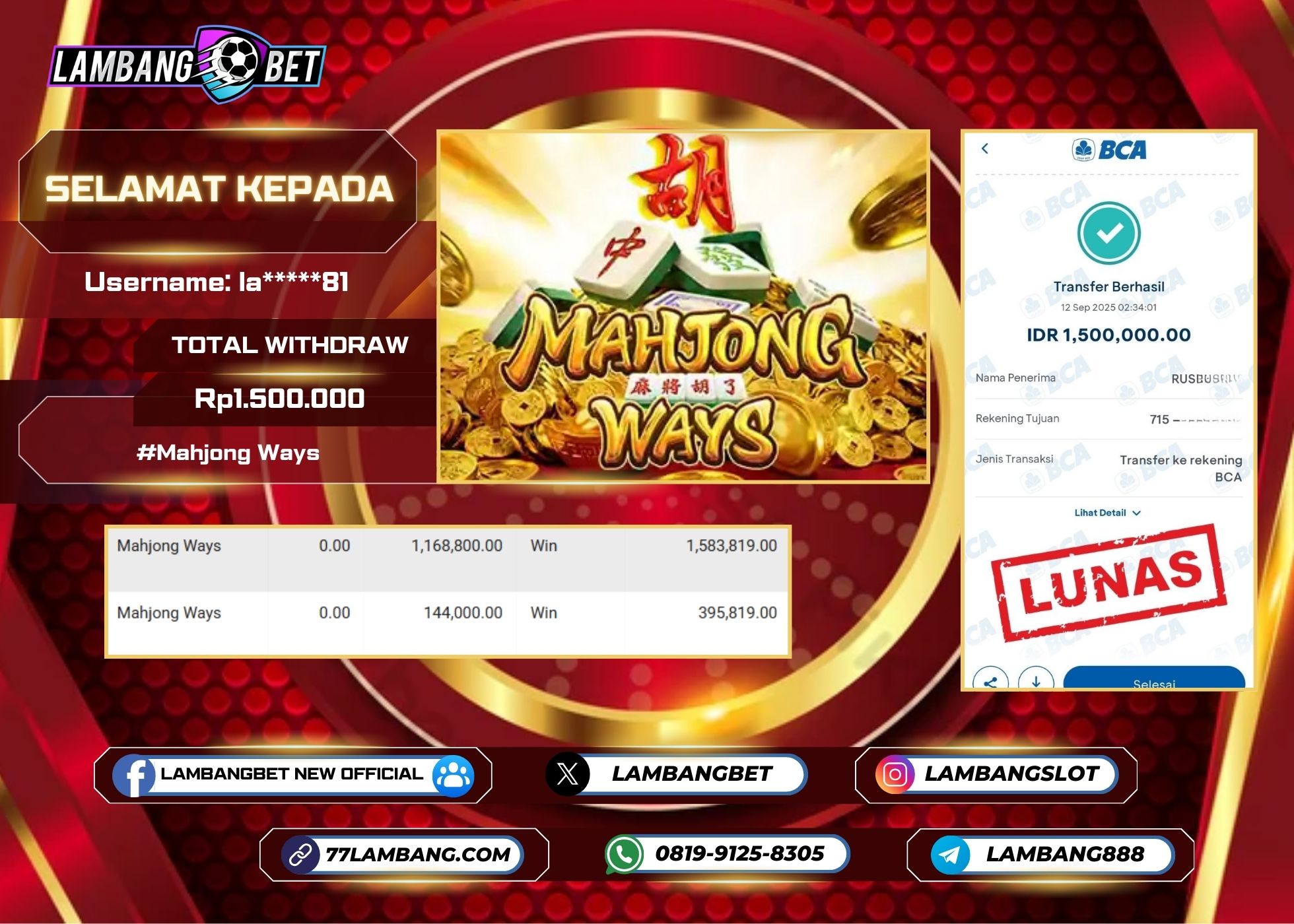 LAMBANGBET [12 SEPTEMBER 2025] JACKPOT SLOT Mahjong Ways "Rp1.500.000" LUNAS