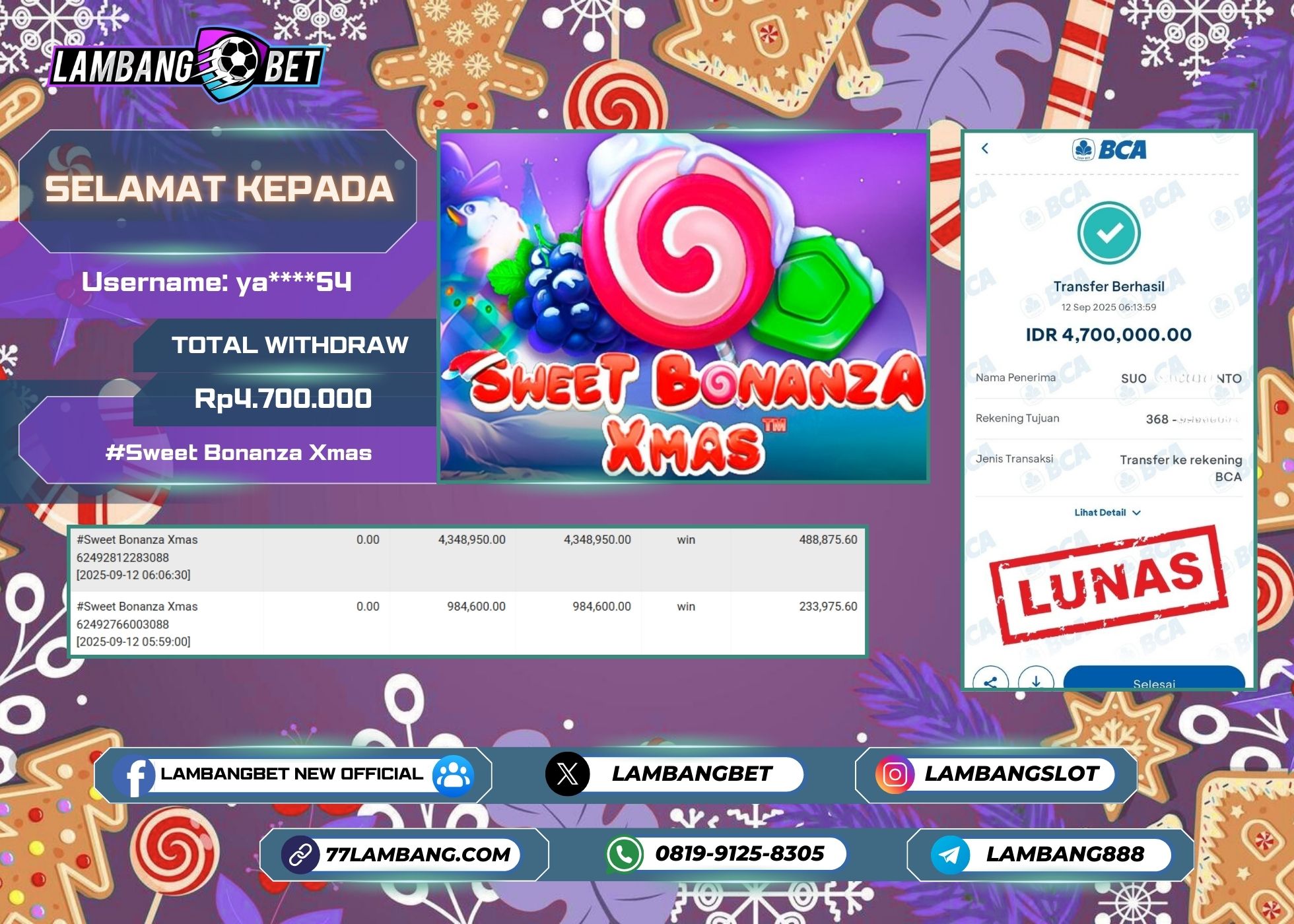 LAMBANGBET [12 SEPTEMBER 2025] JACKPOT SLOT Sweet Bonanza Xmas "Rp4.700.000" LUNAS