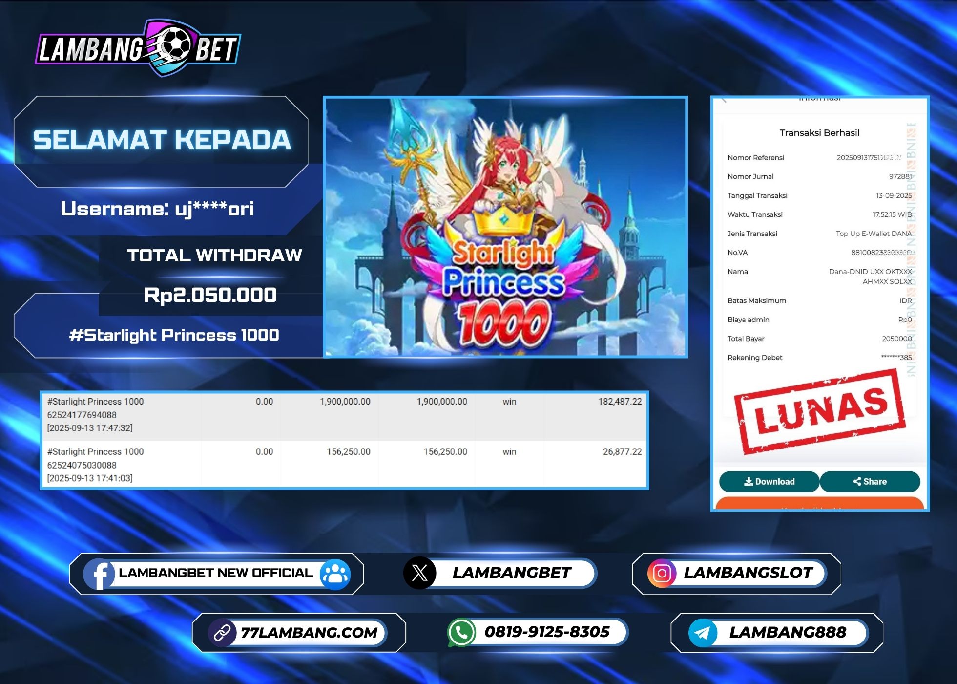 LAMBANGBET [13 SEPTEMBER 2025] JACKPOT SLOT Starlight Princess 1000 "Rp2.050.000" LUNAS