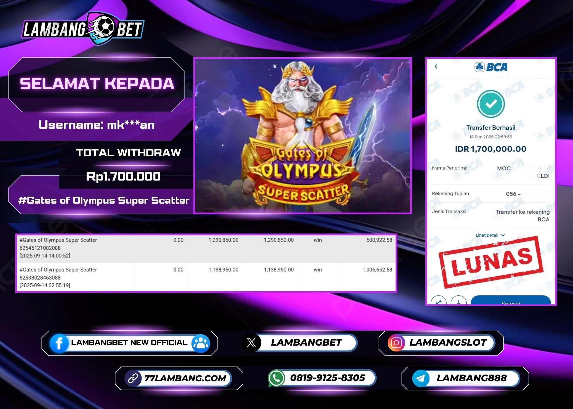 LAMBANGBET [14 SEPTEMBER 2025] JACKPOT SLOT Gates of Olympus Super Scatter "Rp1.700.000" LUNAS