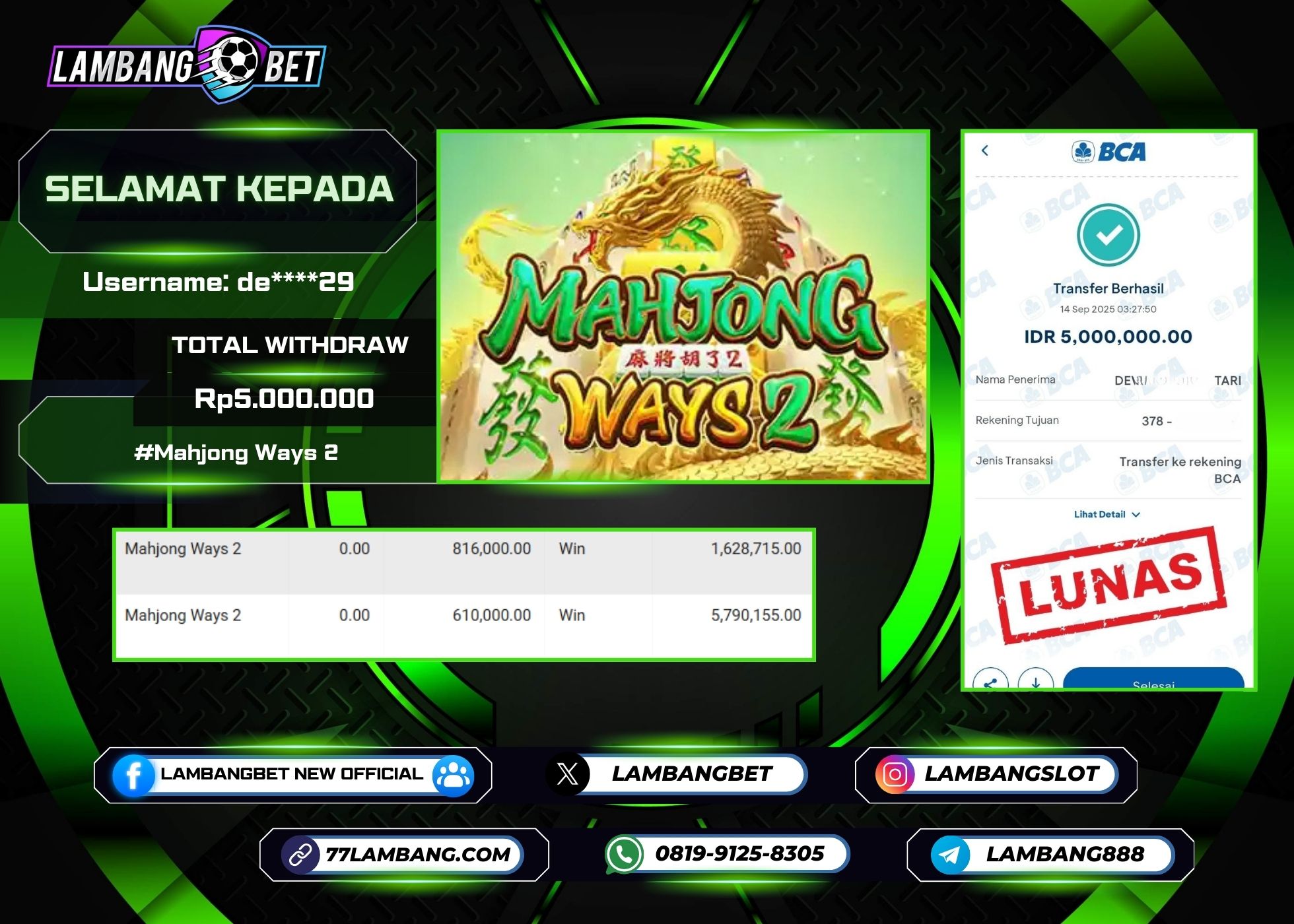 LAMBANGBET [14 SEPTEMBER 2025] JACKPOT SLOT Mahjong Ways 2 "Rp5.000.000" LUNAS