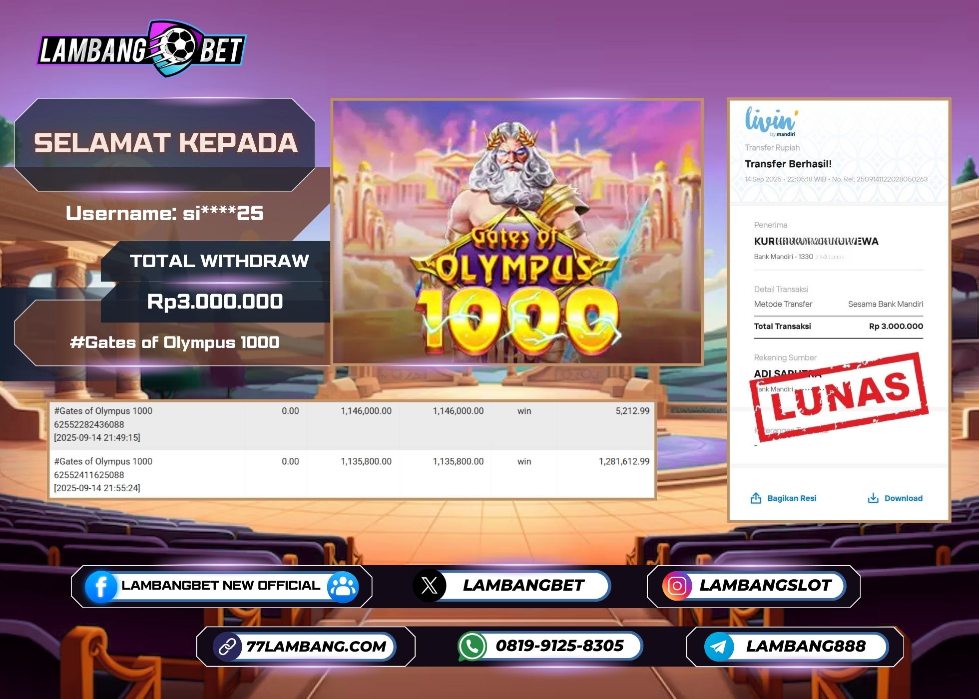 LAMBANGBET [14 SEPTEMBER 2025] JACKPOT SLOT Gates of Olympus 1000 "Rp3.000.000" LUNAS