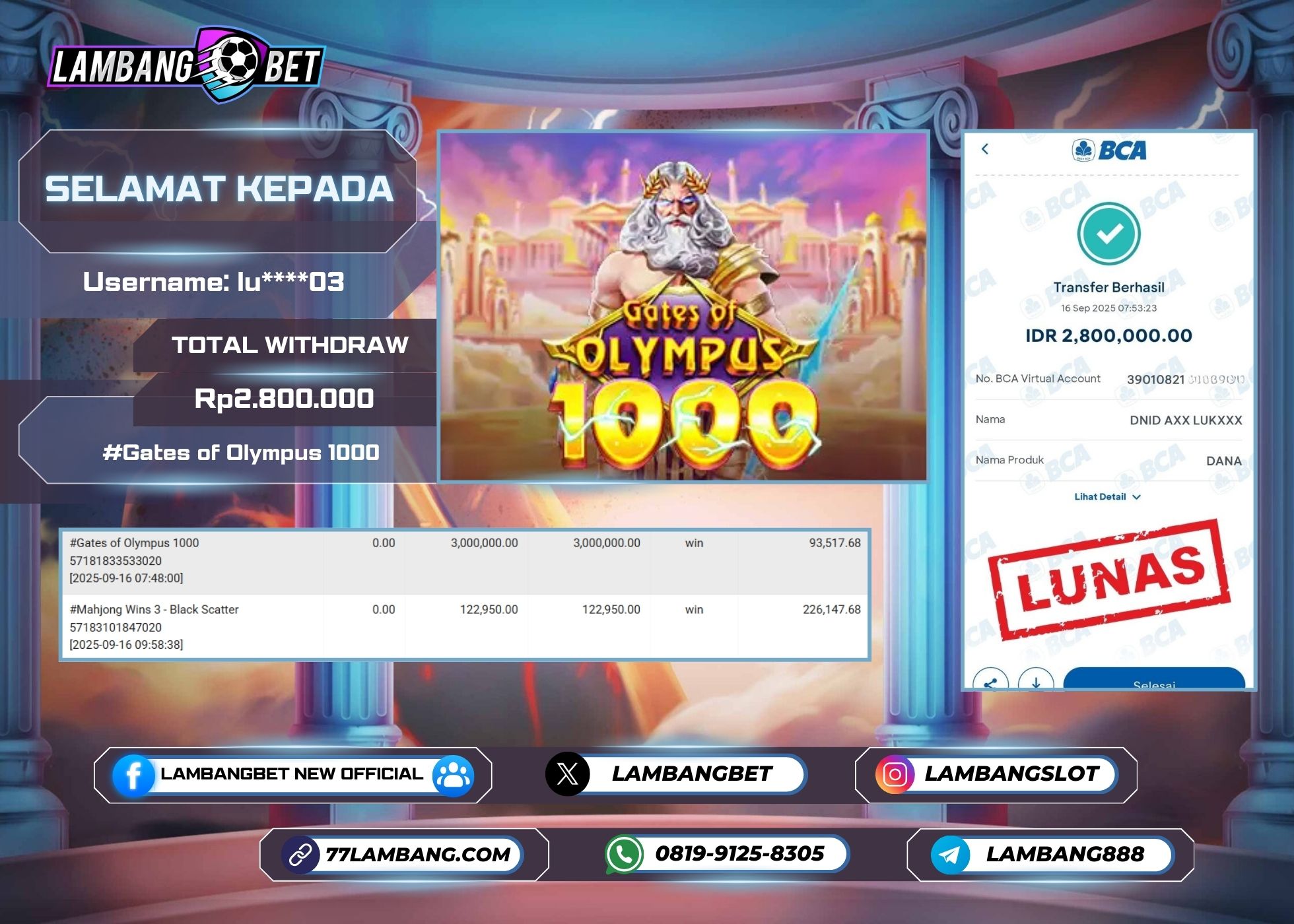 LAMBANGBET [16 SEPTEMBER 2025] JACKPOT SLOT Gates of Olympus 1000 "Rp2.800.000" LUNAS