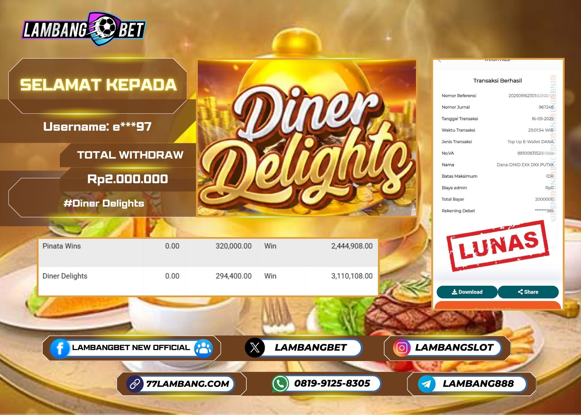LAMBANGBET [16 SEPTEMBER 2025] JACKPOT SLOT Diner Delights "Rp2.000.000" LUNAS