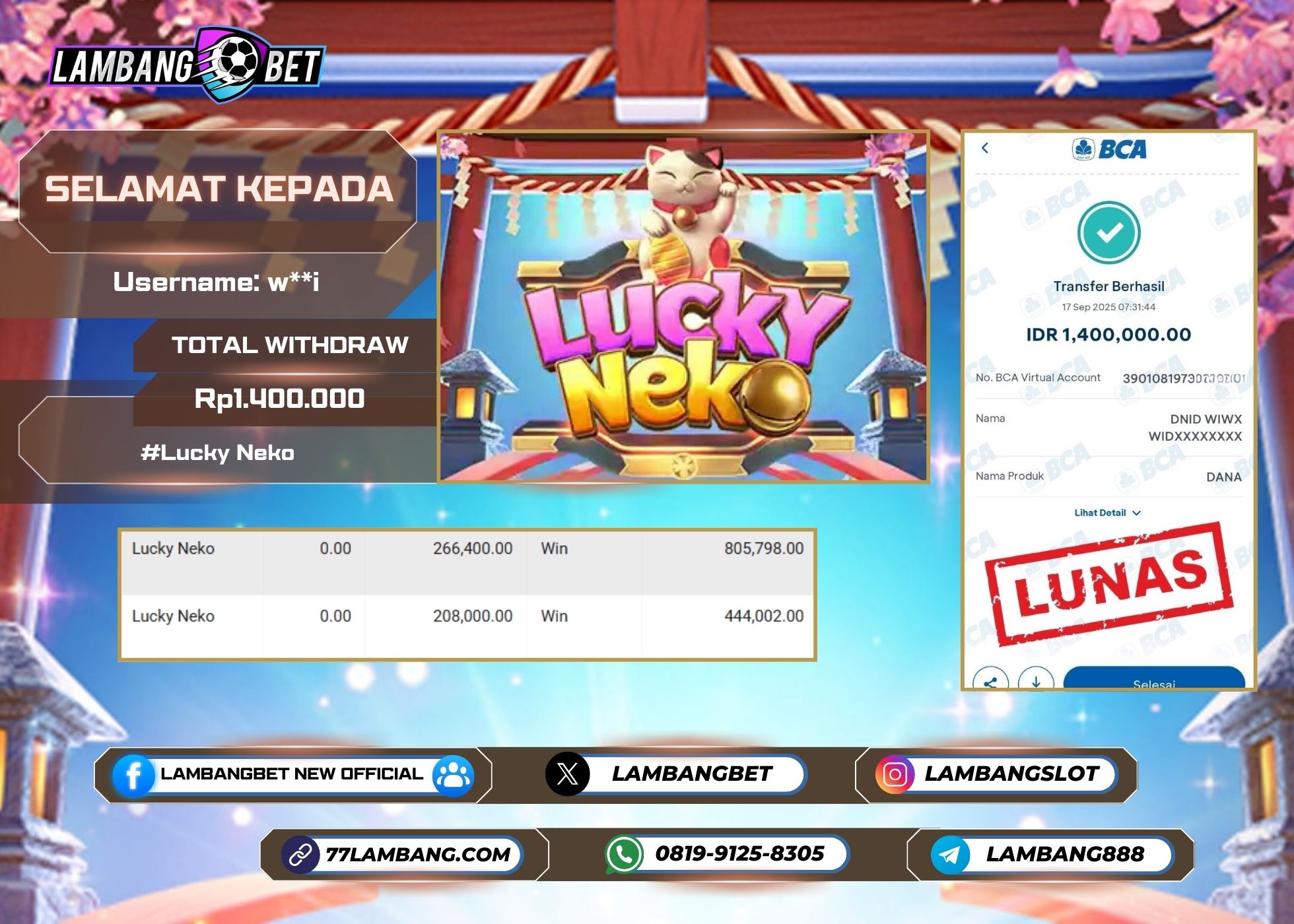 LAMBANGBET [17 SEPTEMBER 2025] JACKPOT SLOT Lucky Neko "Rp1.400.000" LUNAS