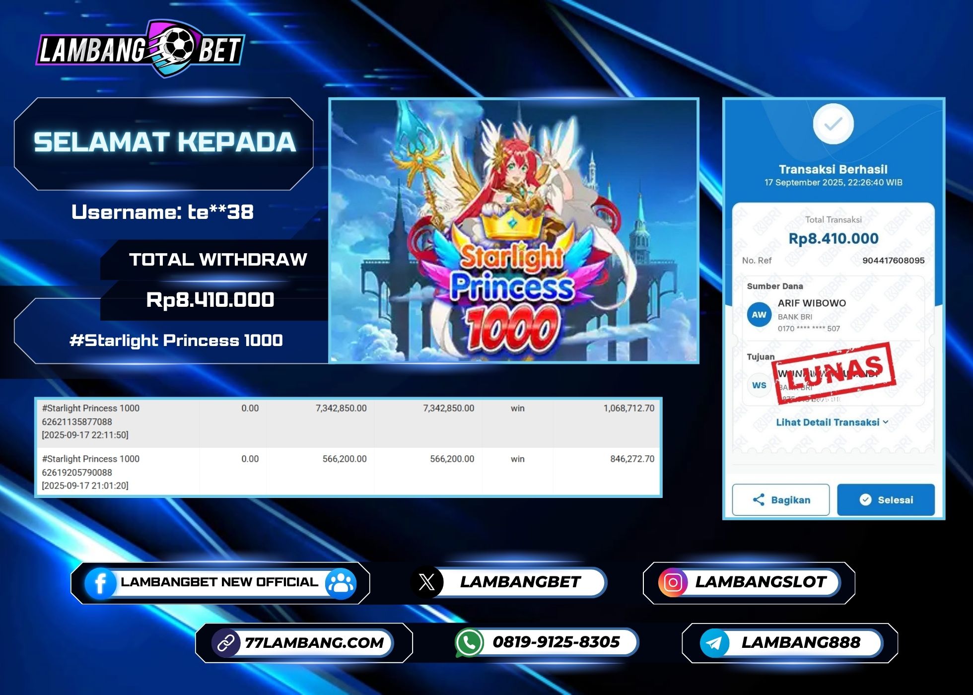 LAMBANGBET [17 SEPTEMBER 2025] JACKPOT SLOT Starlight Princess 1000 "Rp8.410.000" LUNAS