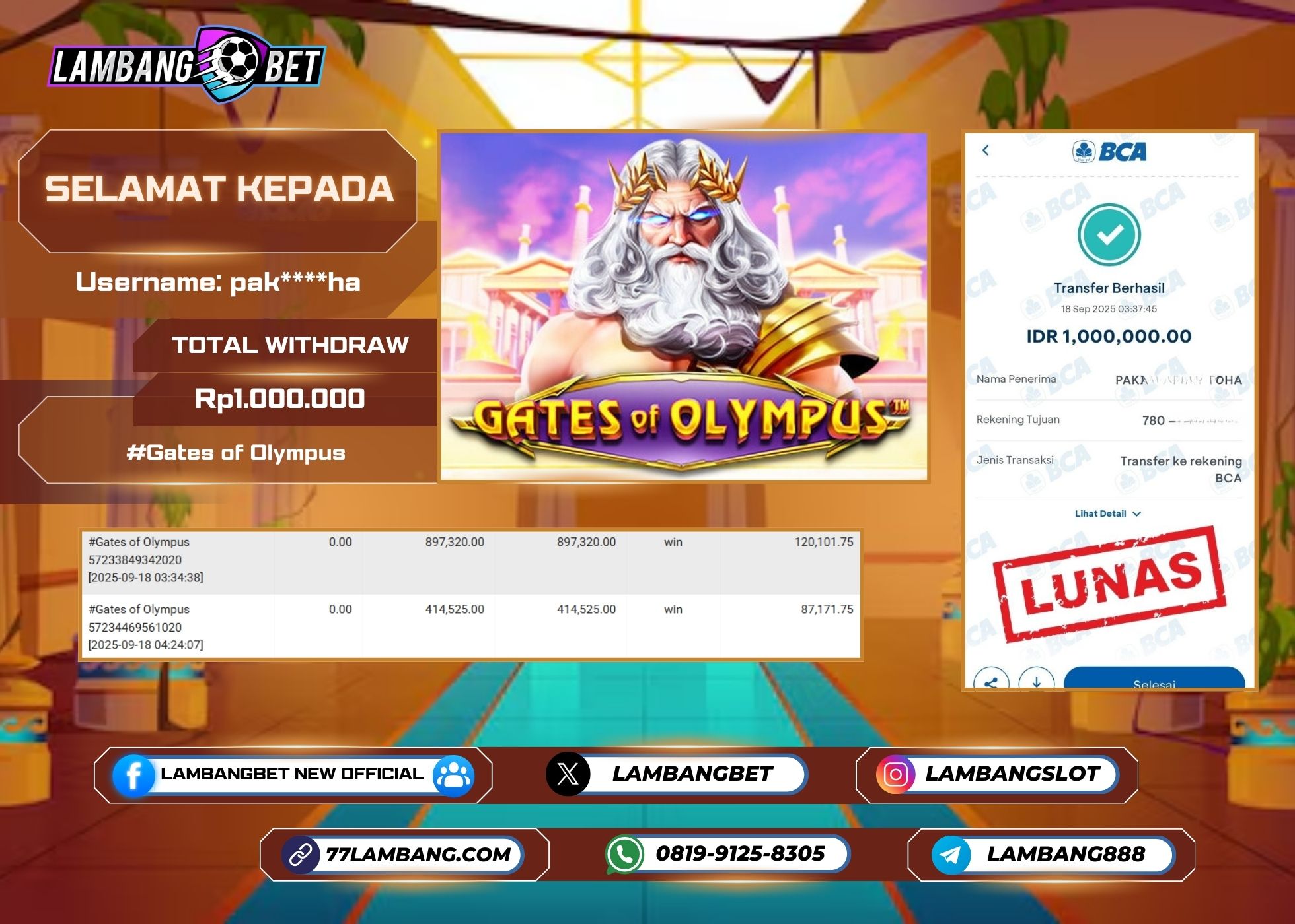 LAMBANGBET [18 SEPTEMBER 2025] JACKPOT SLOT Gates of Olympus "Rp1.000.000" LUNAS