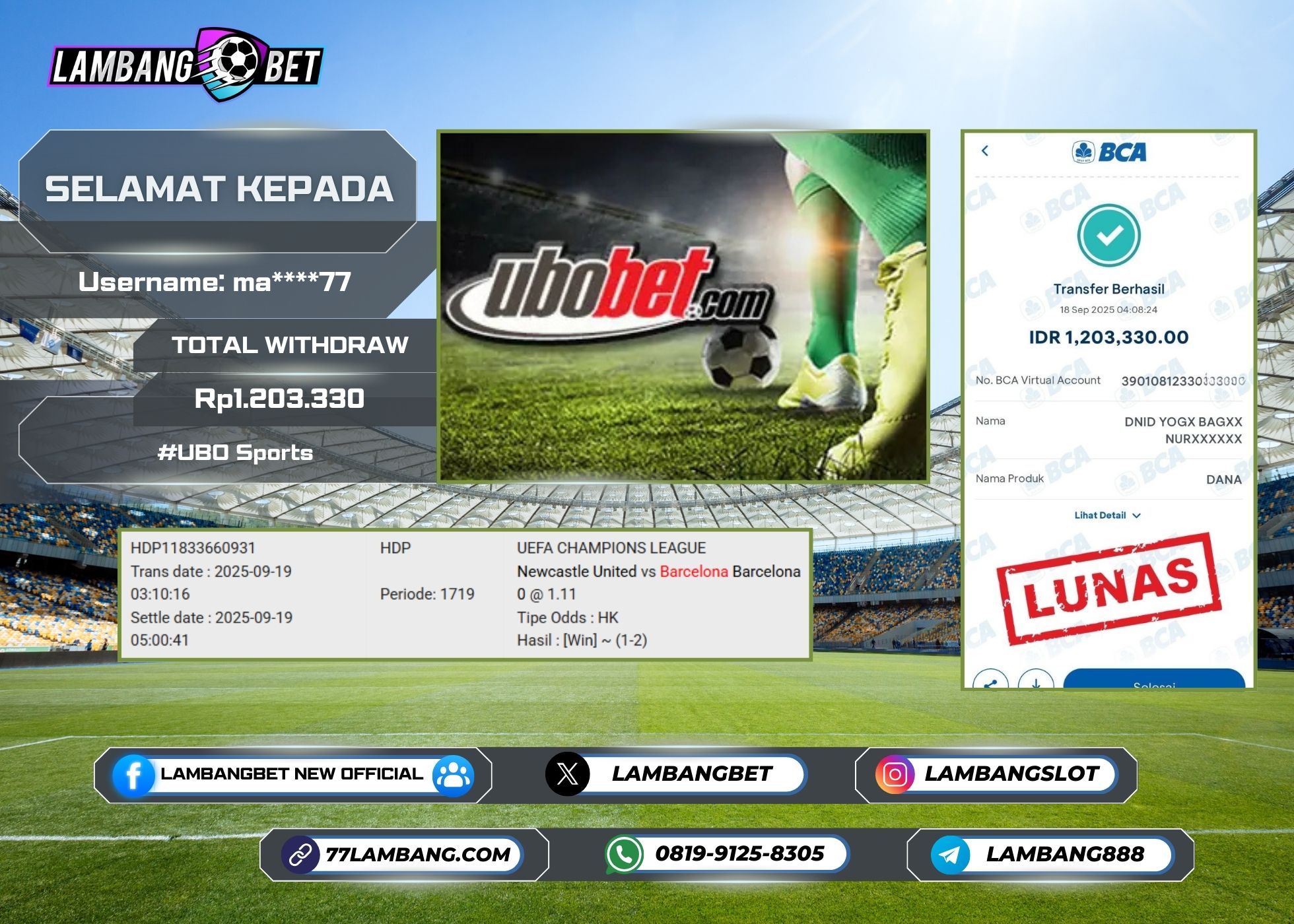 LAMBANGBET [18 SEPTEMBER 2025] JACKPOT UBO Sports "Rp1.203.330" LUNAS