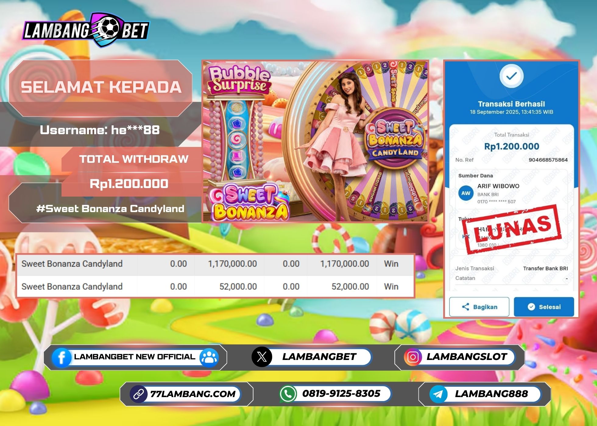 LAMBANGBET [18 SEPTEMBER 2025] JACKPOT IDN LIVE Sweet Bonanza Candyland "Rp1.200.000" LUNAS