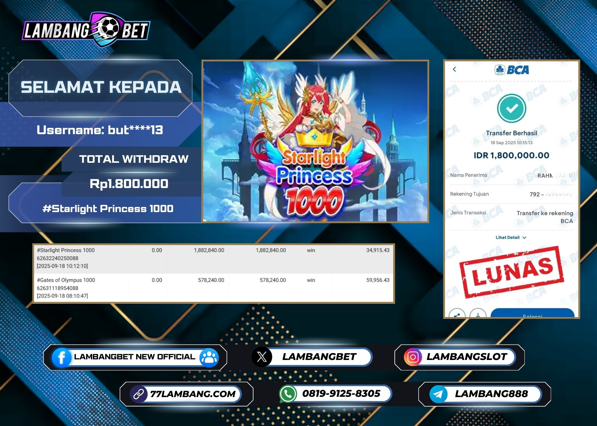 LAMBANGBET [18 SEPTEMBER 2025] JACKPOT SLOT Starlight Princess 1000 "Rp1.800.000" LUNAS