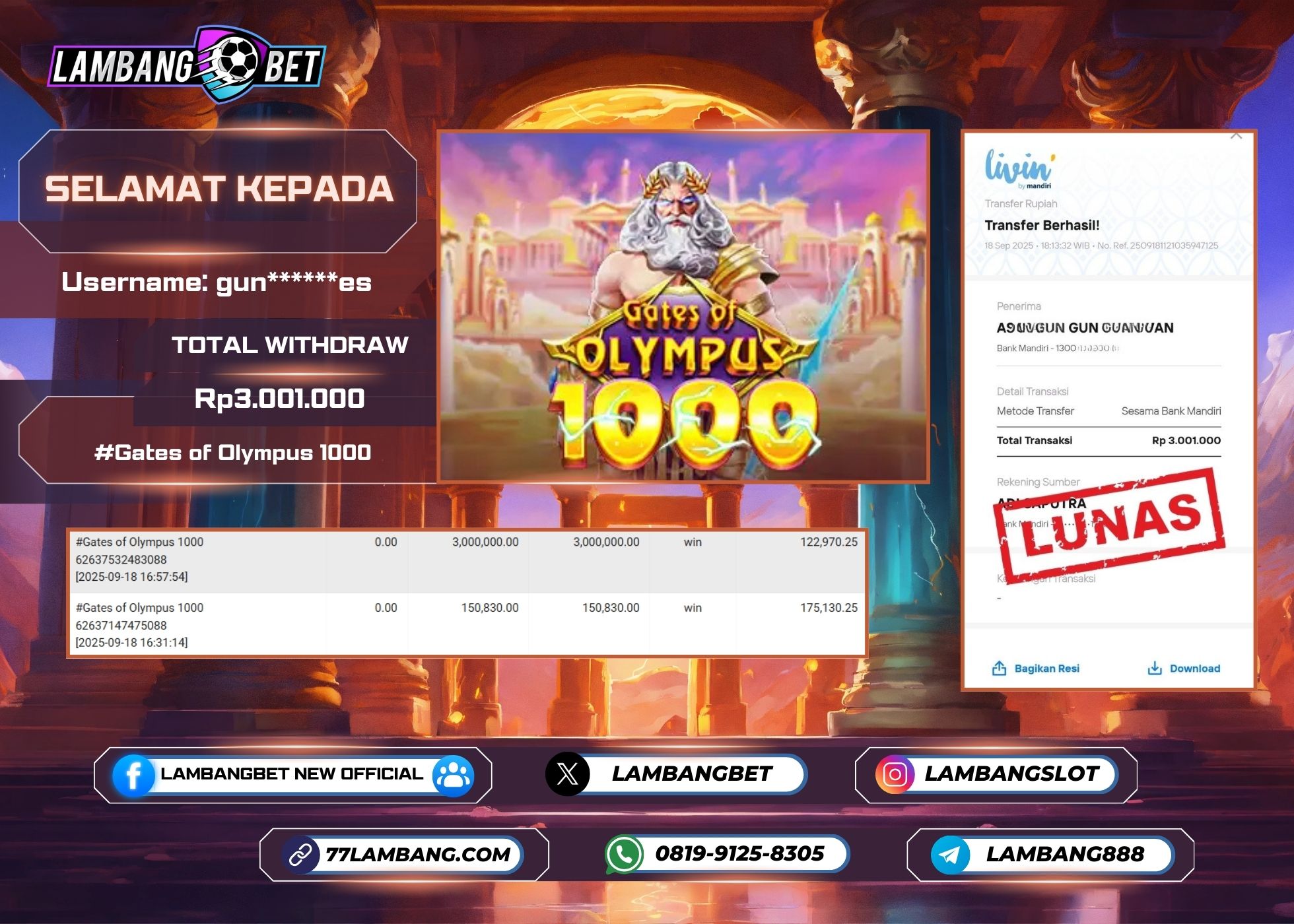 LAMBANGBET [18 SEPTEMBER 2025] JACKPOT SLOT Gates of Olympus 1000 "Rp3.001.000" LUNAS
