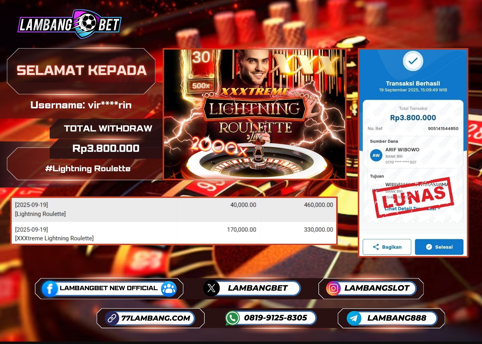 LAMBANGBET [19 SEPTEMBER 2025] JACKPOT LIVE CASINO Lightning Roulette "Rp3.800.000" LUNAS