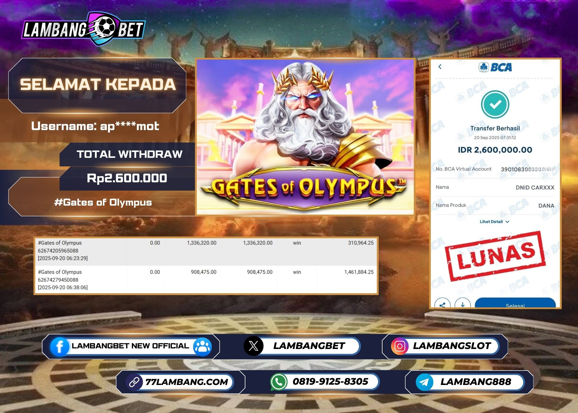 LAMBANGBET [20 SEPTEMBER 2025] JACKPOT SLOT Gates of Olympus "Rp2.600.000" LUNAS