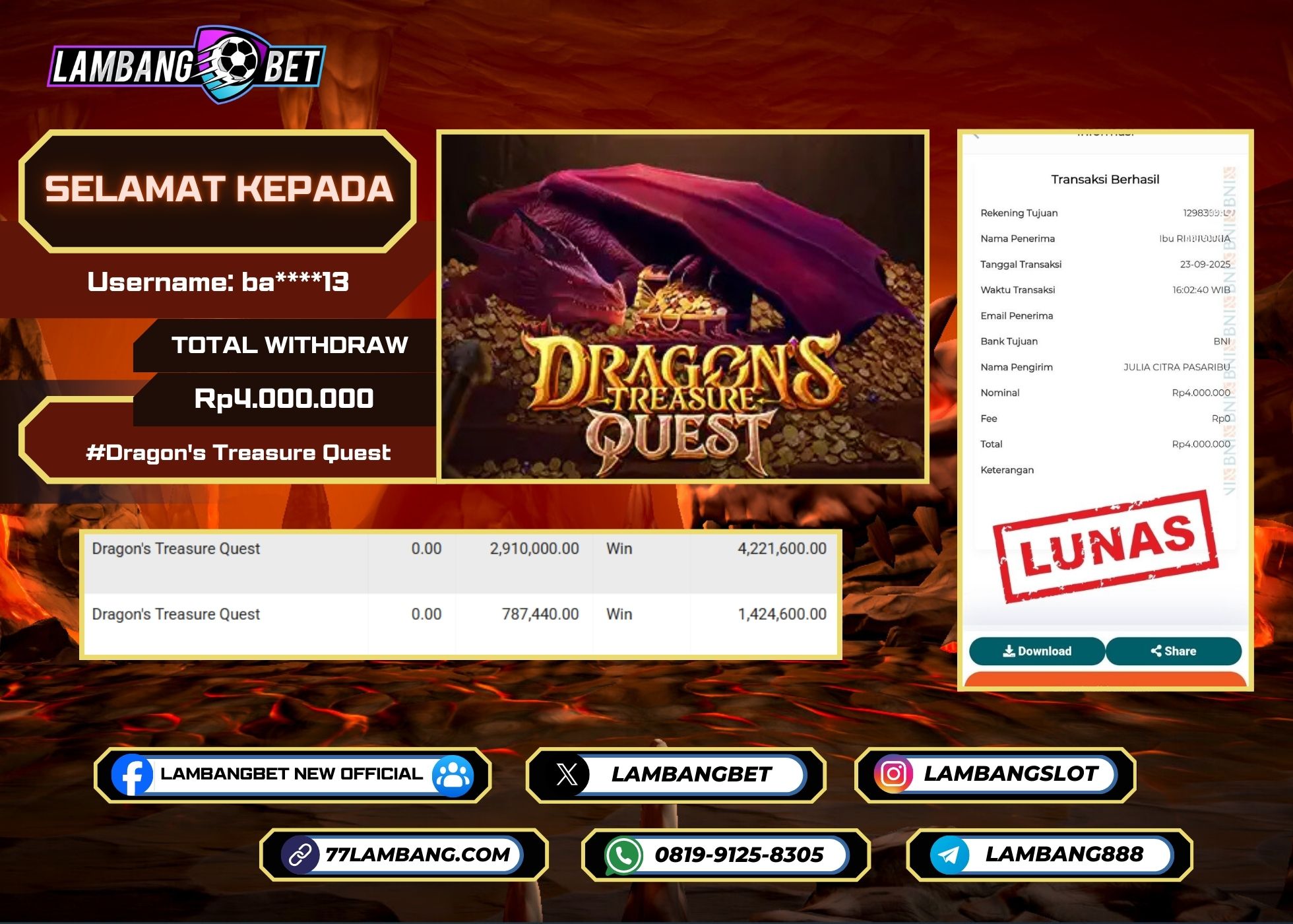 LAMBANGBET [23 SEPTEMBER 2025] JACKPOT SLOT Dragon's Treasure Quest "Rp4.000.000" LUNAS