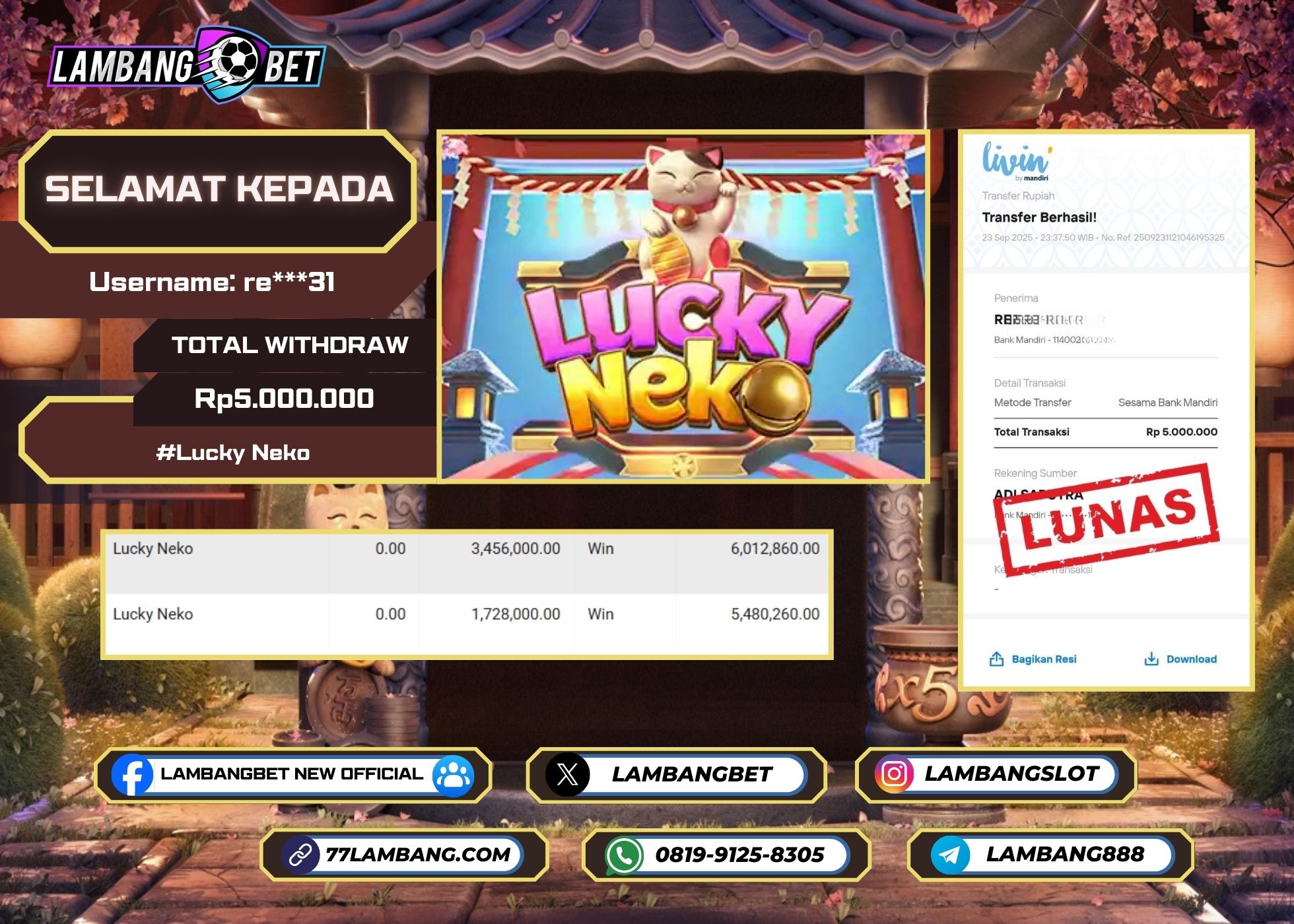LAMBANGBET [23 SEPTEMBER 2025] JACKPOT SLOT Lucky Neko "Rp5.000.000" LUNAS
