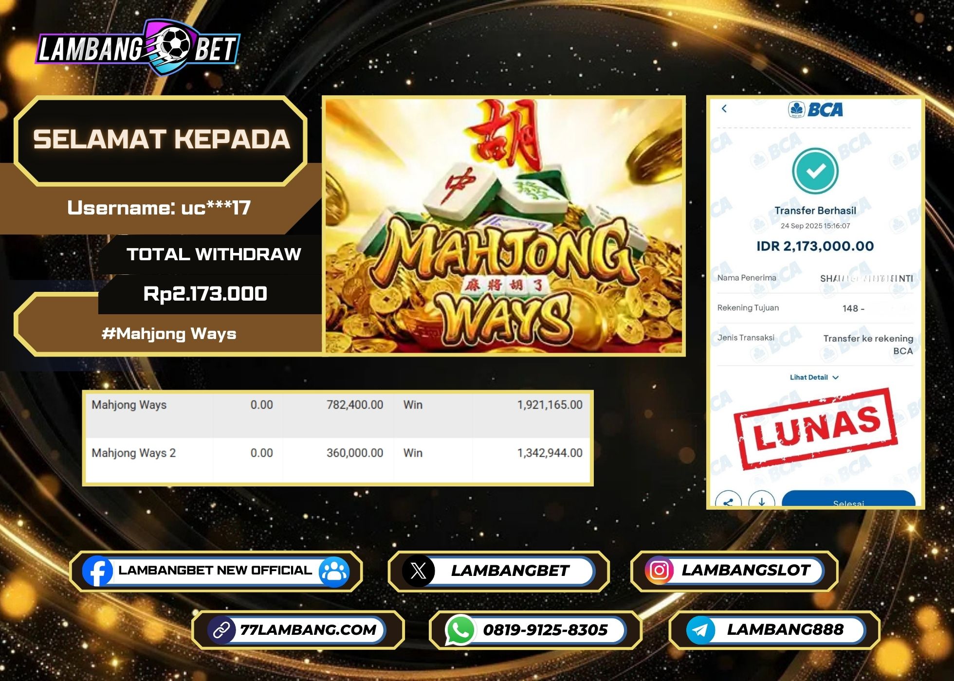 LAMBANGBET [24 SEPTEMBER 2025] JACKPOT SLOT Mahjong Ways "Rp2.173.000" LUNAS