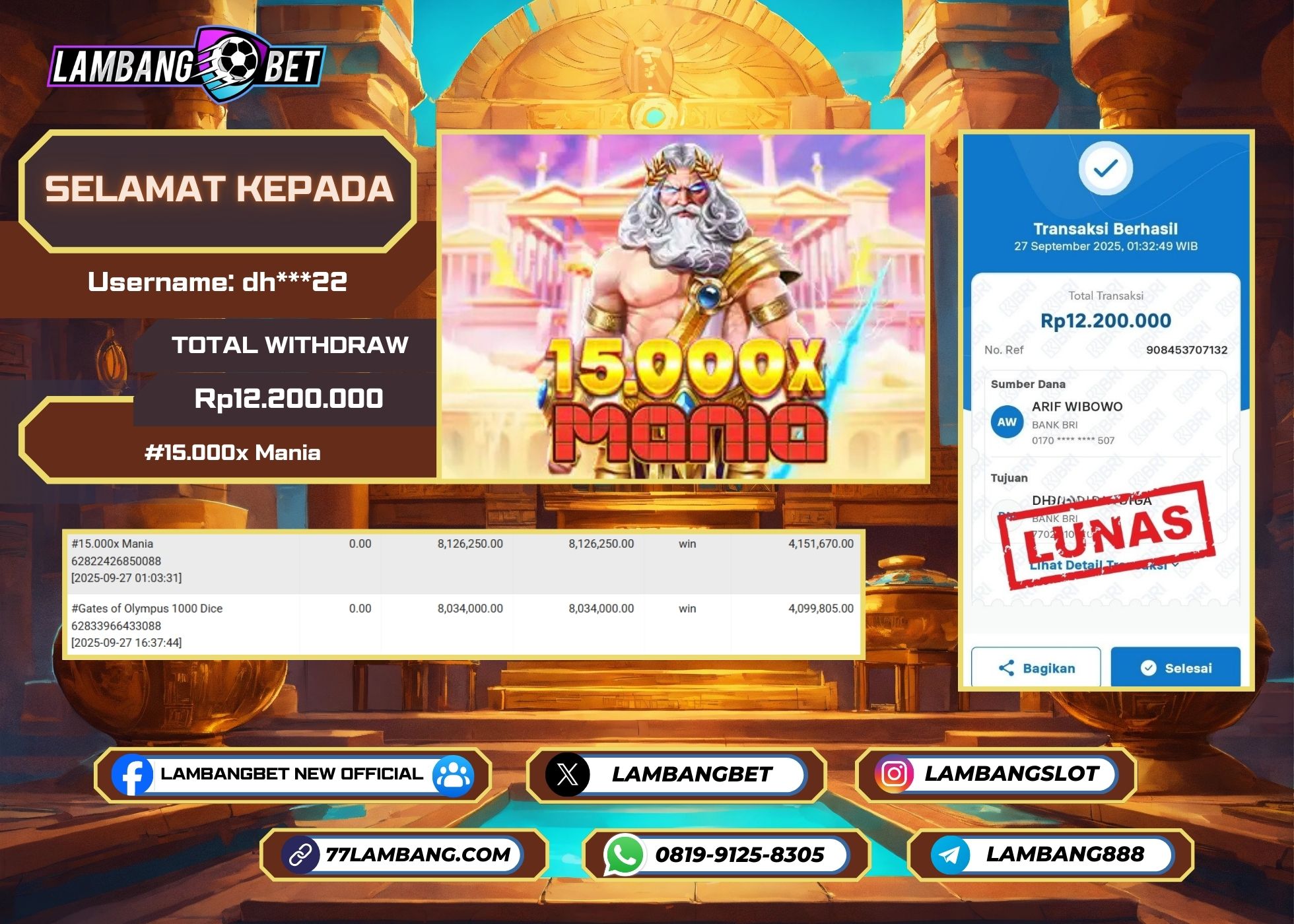 LAMBANGBET [27 SEPTEMBER 2025] JACKPOT SLOT 15.000x Mania "Rp12.200.000" LUNAS