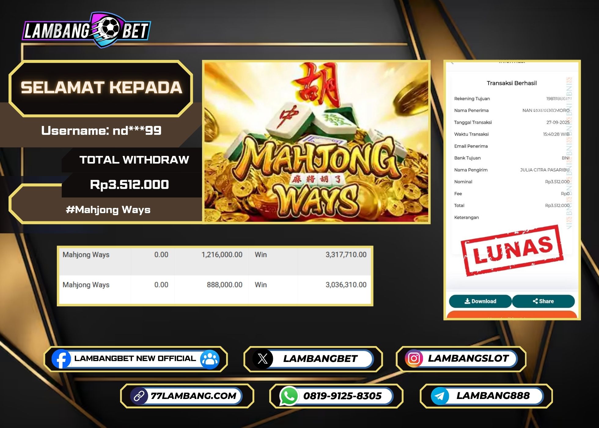 LAMBANGBET [27 SEPTEMBER 2025] JACKPOT SLOT Mahjong Ways "Rp3.512.000" LUNAS