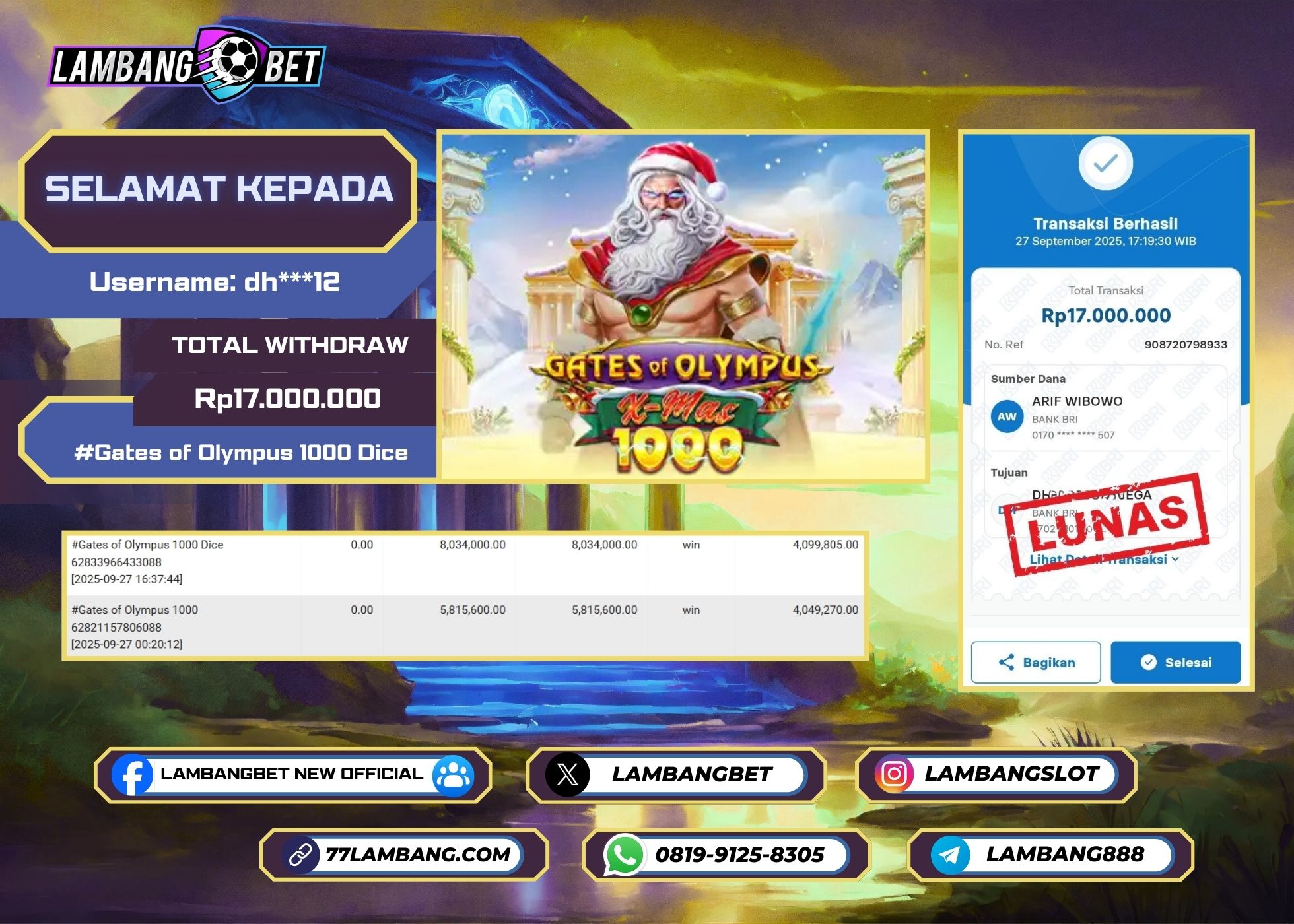 LAMBANGBET [27 SEPTEMBER 2025] JACKPOT SLOT Gates of Olympus 1000 Dice "Rp17.000.000" LUNAS