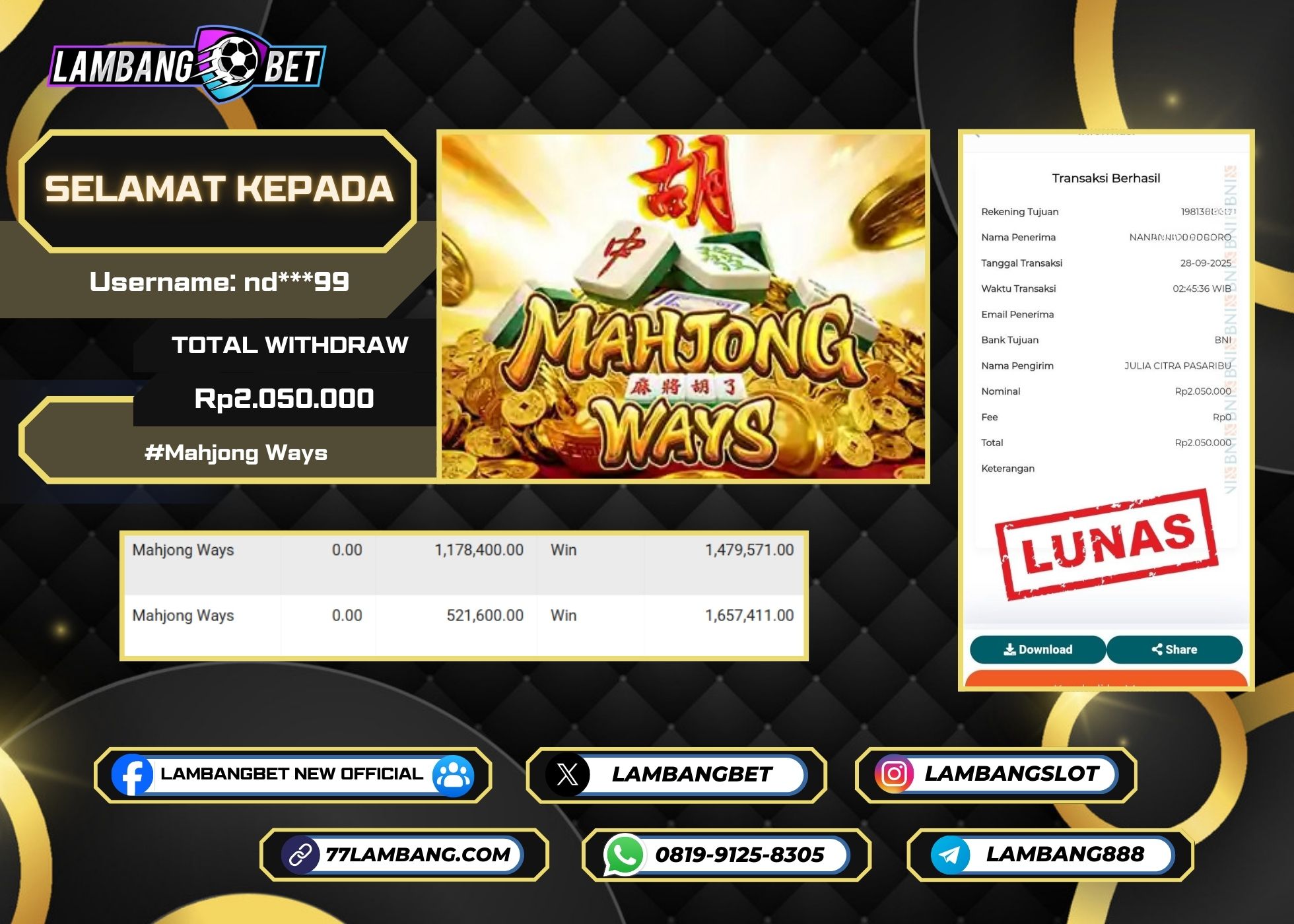 LAMBANGBET [28 SEPTEMBER 2025] JACKPOT SLOT Mahjong Ways "Rp2.050.000" LUNAS