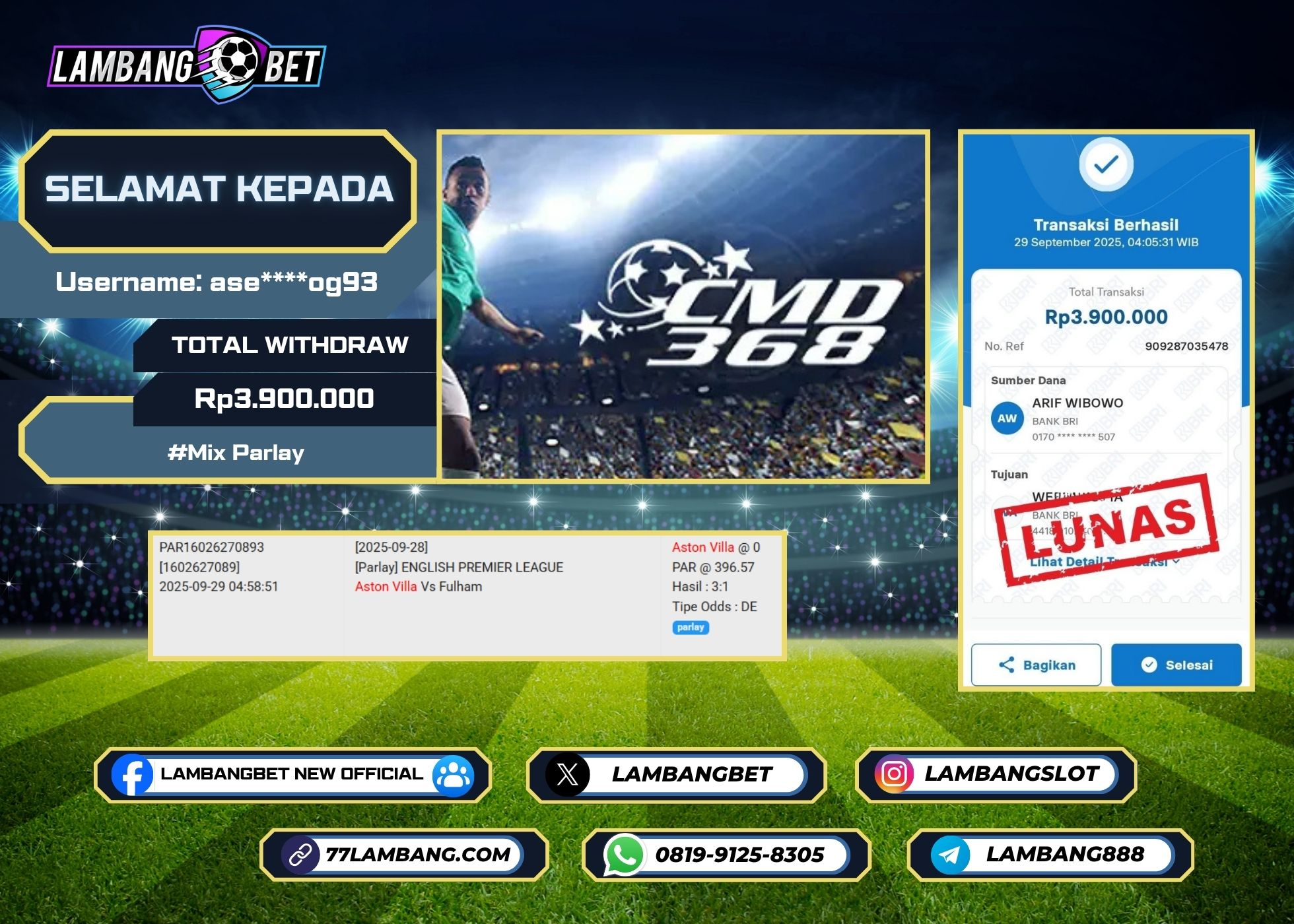 LAMBANGBET [29 SEPTEMBER 2025] JACKPOT CMD SPORTS Mix Parlay "Rp3.900.000" LUNAS