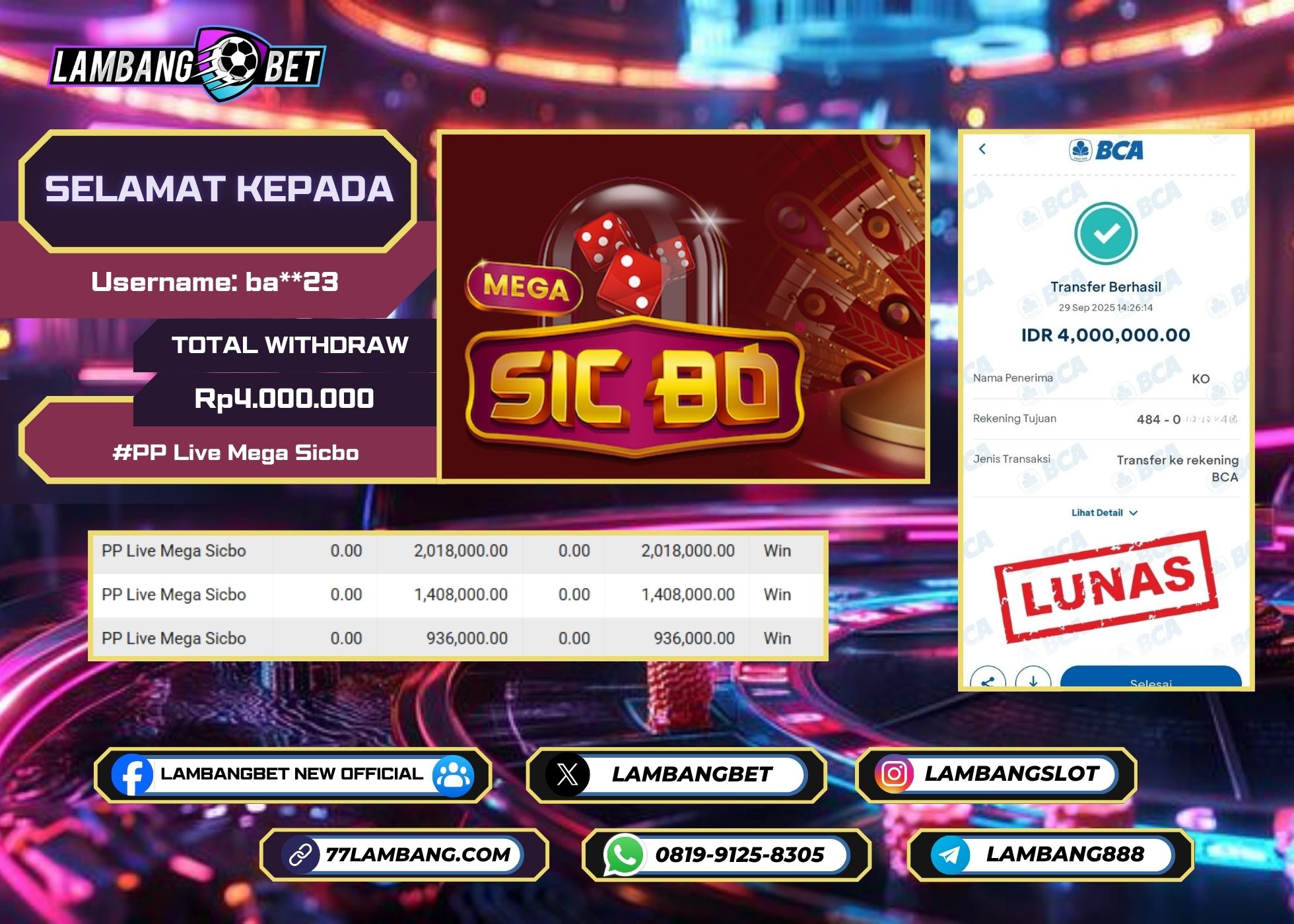 LAMBANGBET [29 SEPTEMBER 2025] JACKPOT LIVE CASINO PP Live Mega Sicbo "Rp4.000.000" LUNAS
