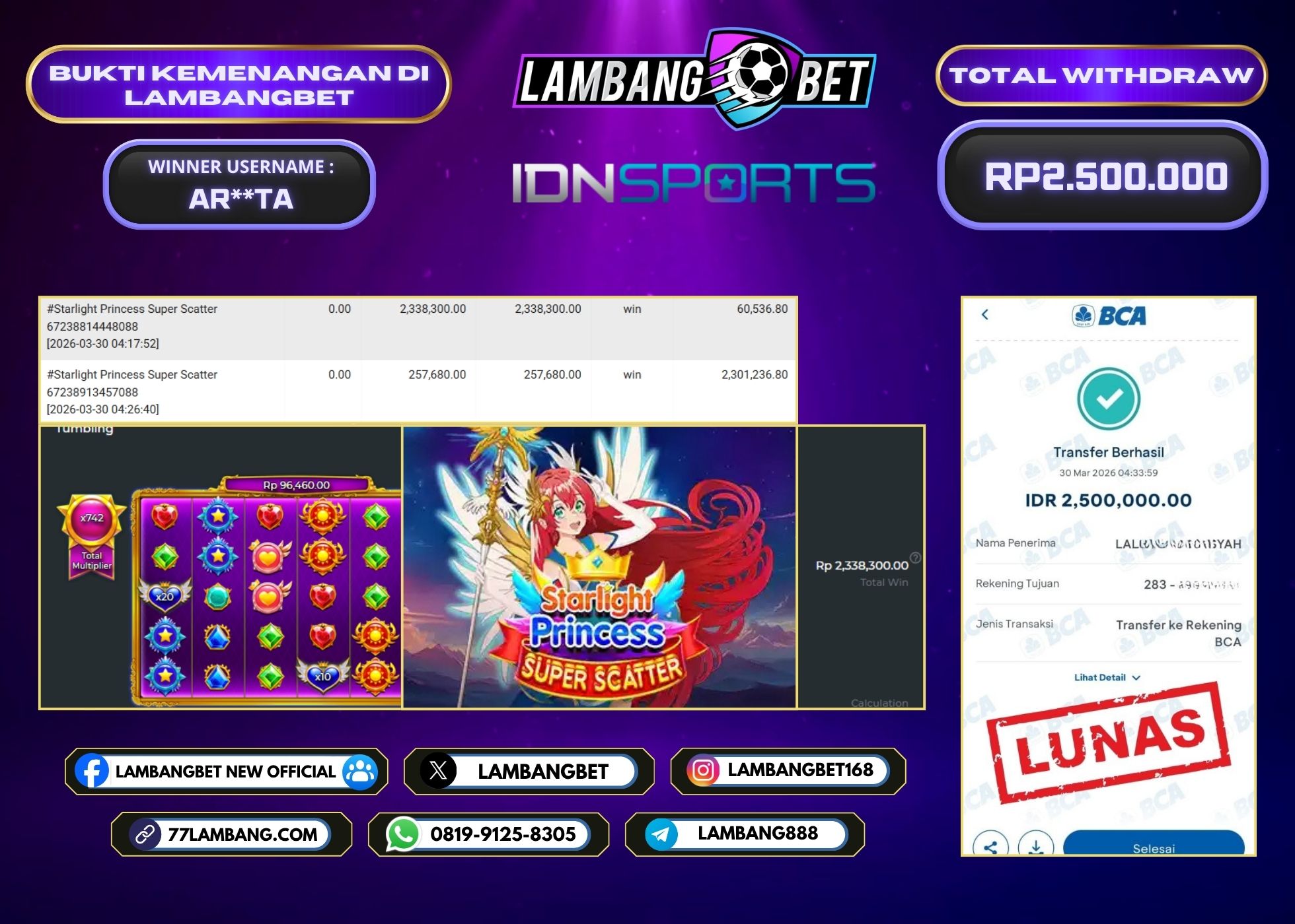 LAMBANGBET [30 MARET 2026] JACKPOT SLOT Starlight Princess Super Scatter "Rp2.500.000" LUNAS