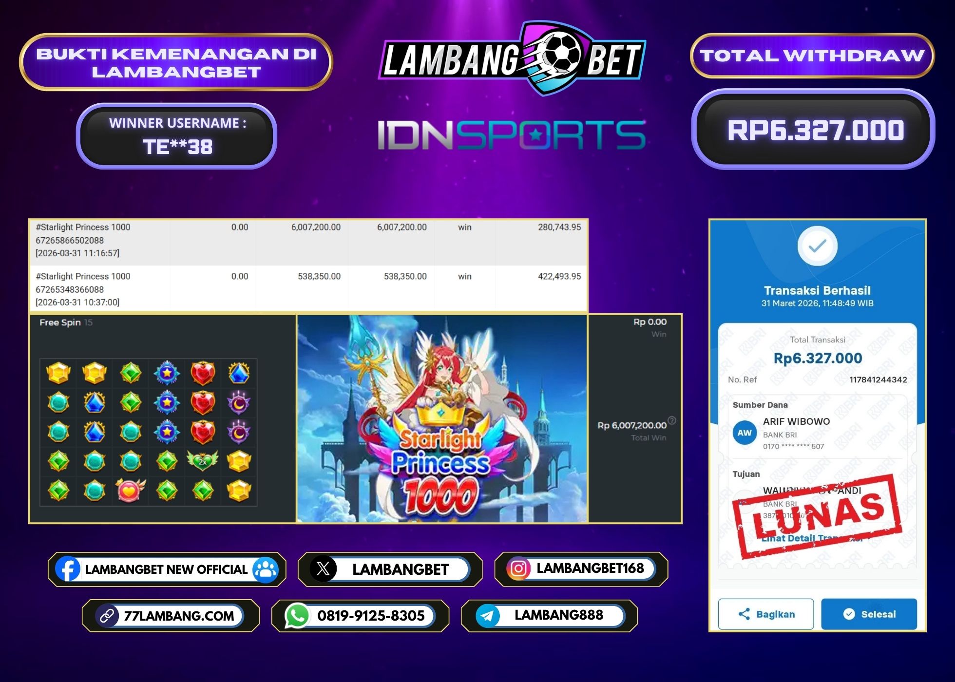 LAMBANGBET [31 MARET 2026] JACKPOT SLOT Starlight Princess 1000 "Rp6.327.000" LUNAS